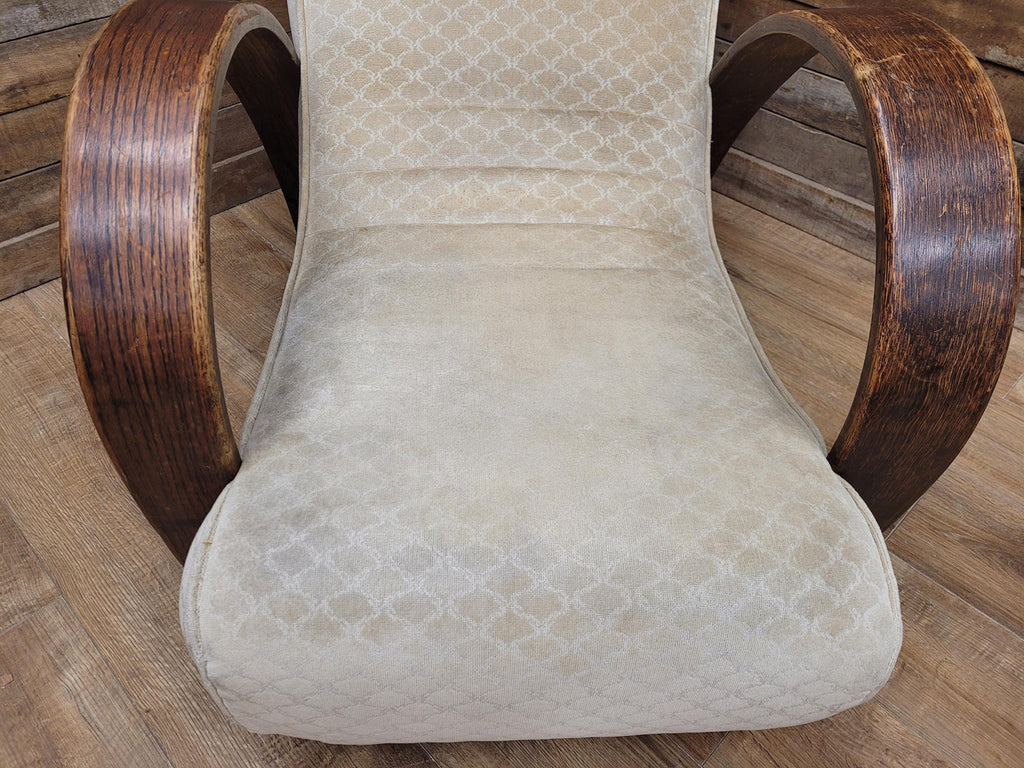 Vintage Art Deco Bentwood Lounge Chair Curved Oak Arms Beige Fabric