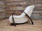 Vintage Art Deco Bentwood Lounge Chair Curved Oak Arms Beige Fabric