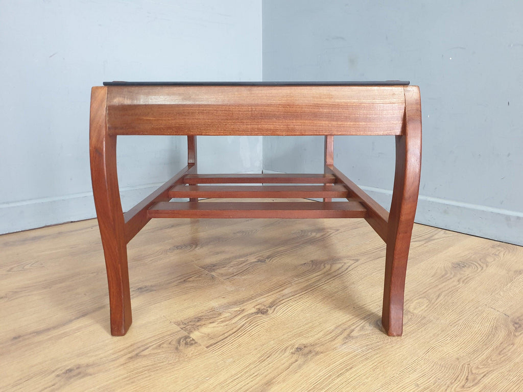 Mid Century Rare Curved Leg Teak Coffee Table Tinted Glass Magazine Rack