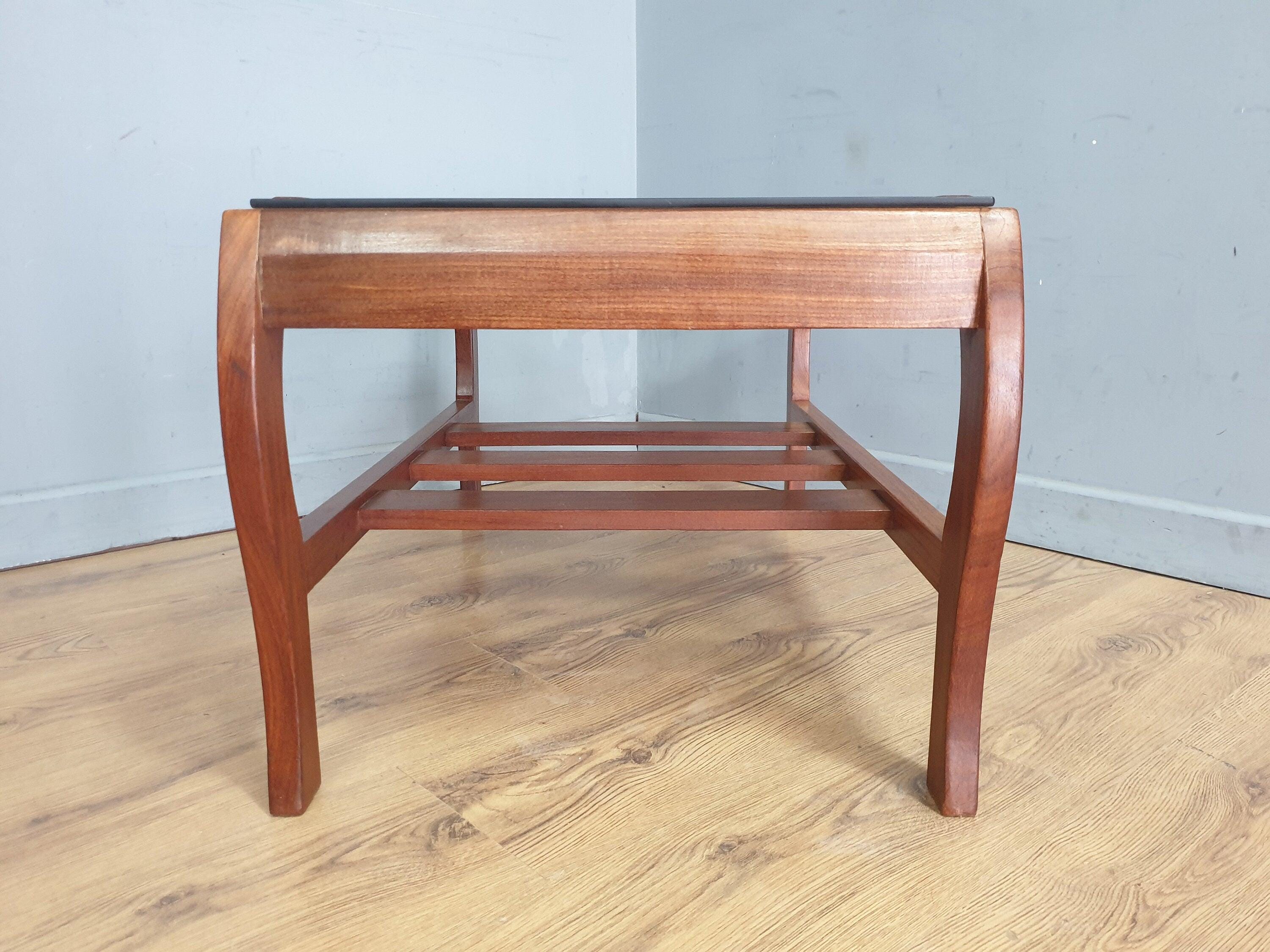 Mid Century Rare Curved Leg Teak Coffee Table Tinted Glass Magazine Rack