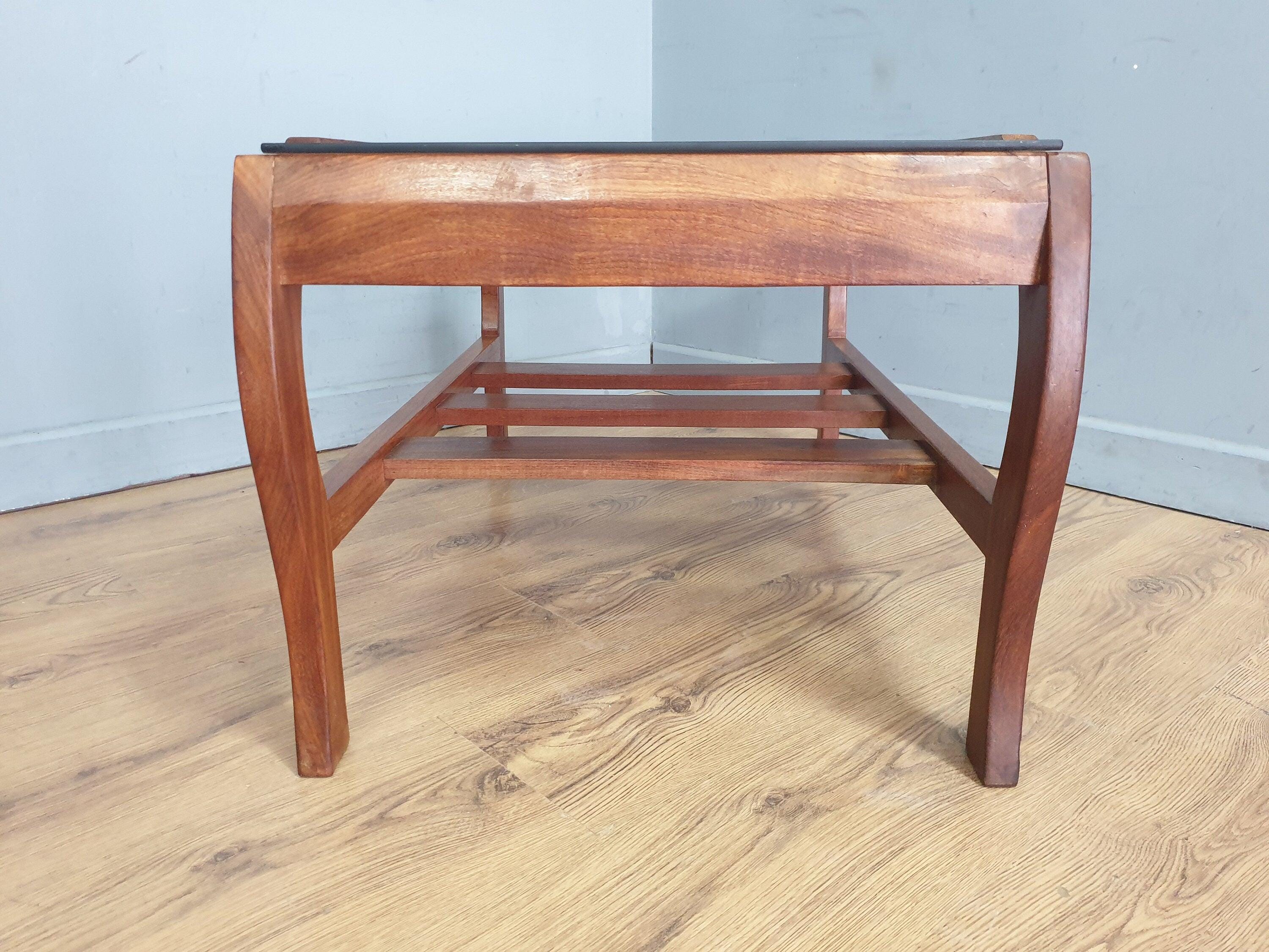 Mid Century Rare Curved Leg Teak Coffee Table Tinted Glass Magazine Rack