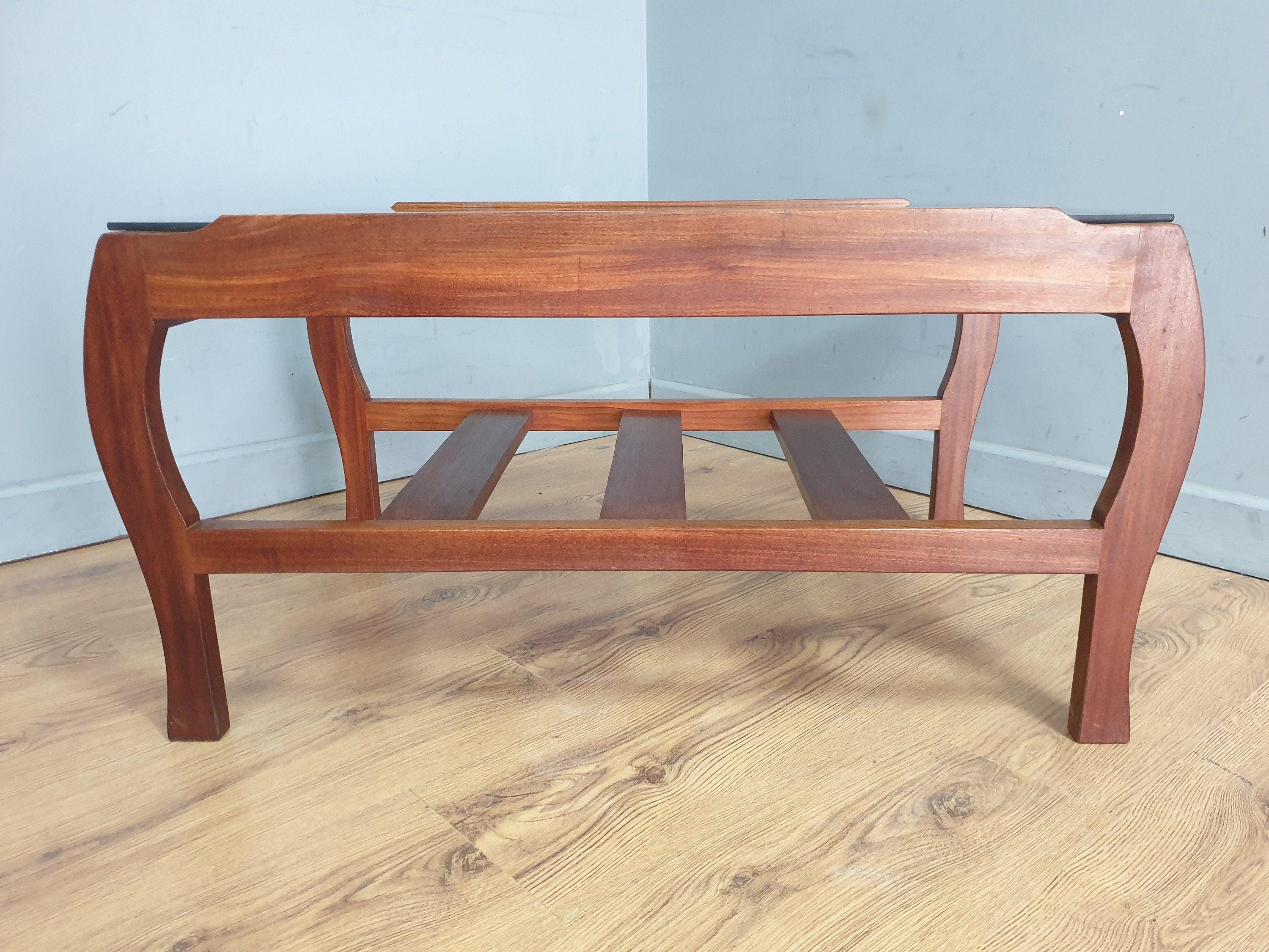 Mid Century Rare Curved Leg Teak Coffee Table Tinted Glass Magazine Rack