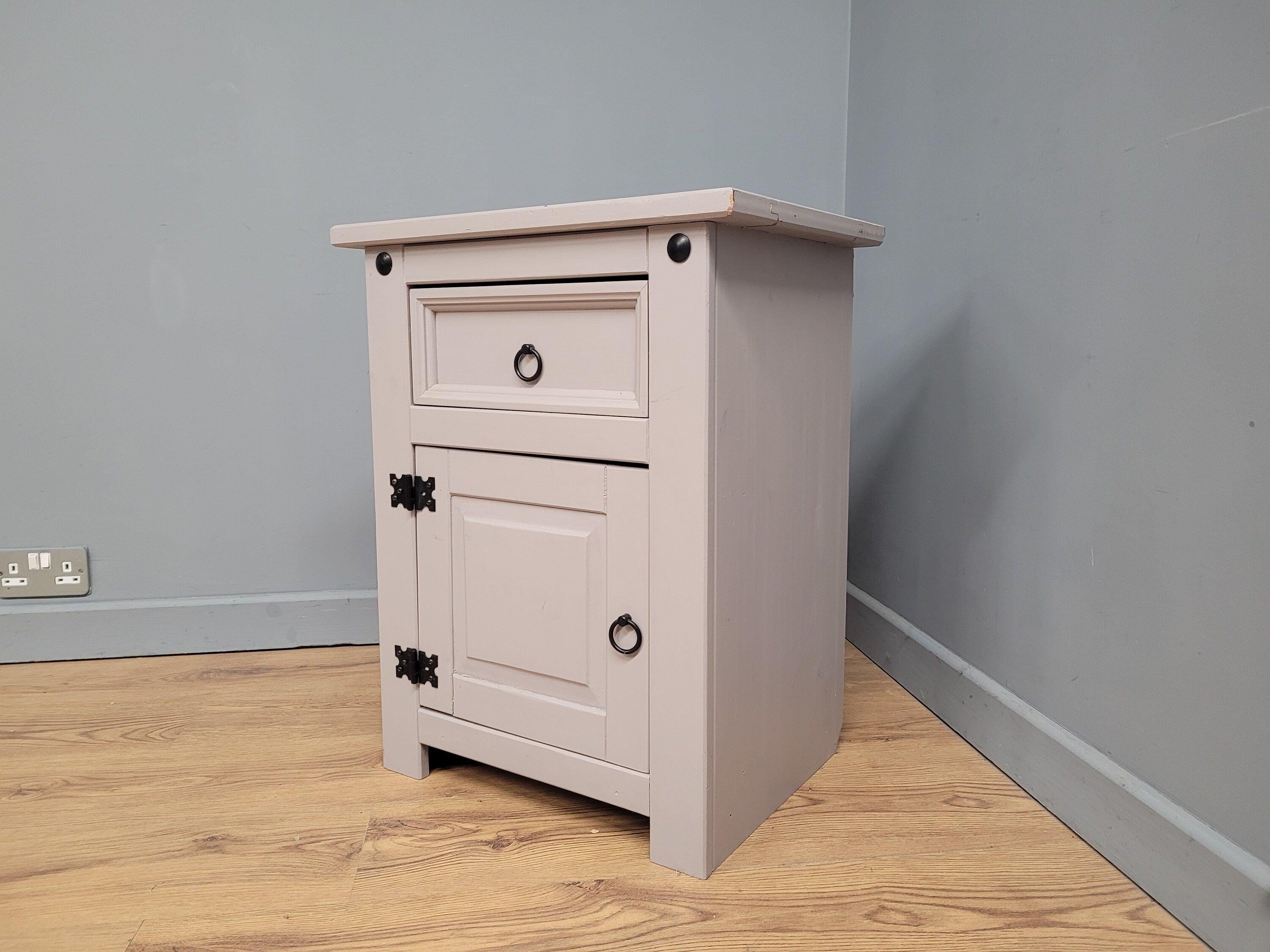 Vintage Shabby Chic Hand Painted Bedside Cabinet Black Iron Detail