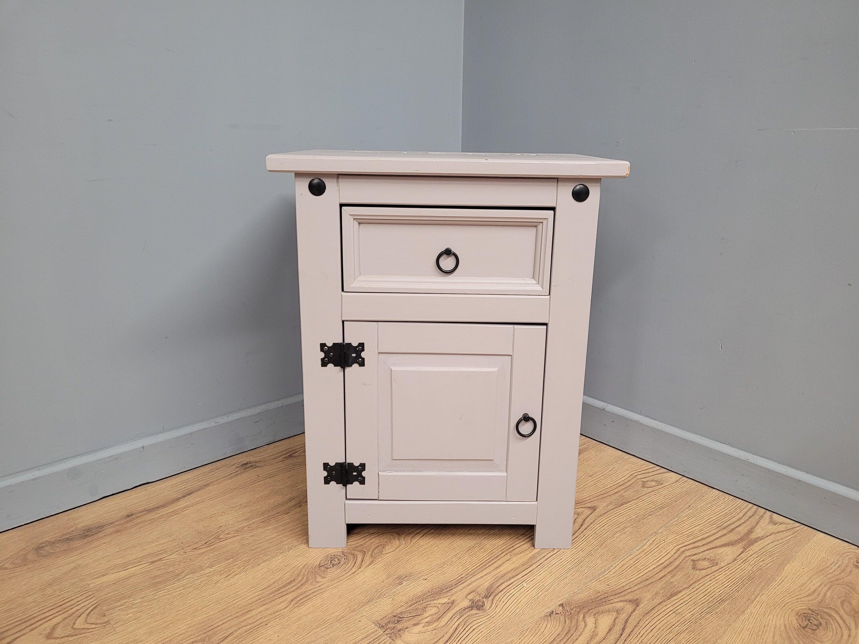 Vintage Shabby Chic Hand Painted Bedside Cabinet Black Iron Detail