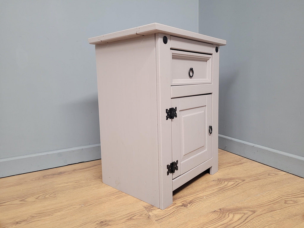 Vintage Shabby Chic Hand Painted Bedside Cabinet Black Iron Detail