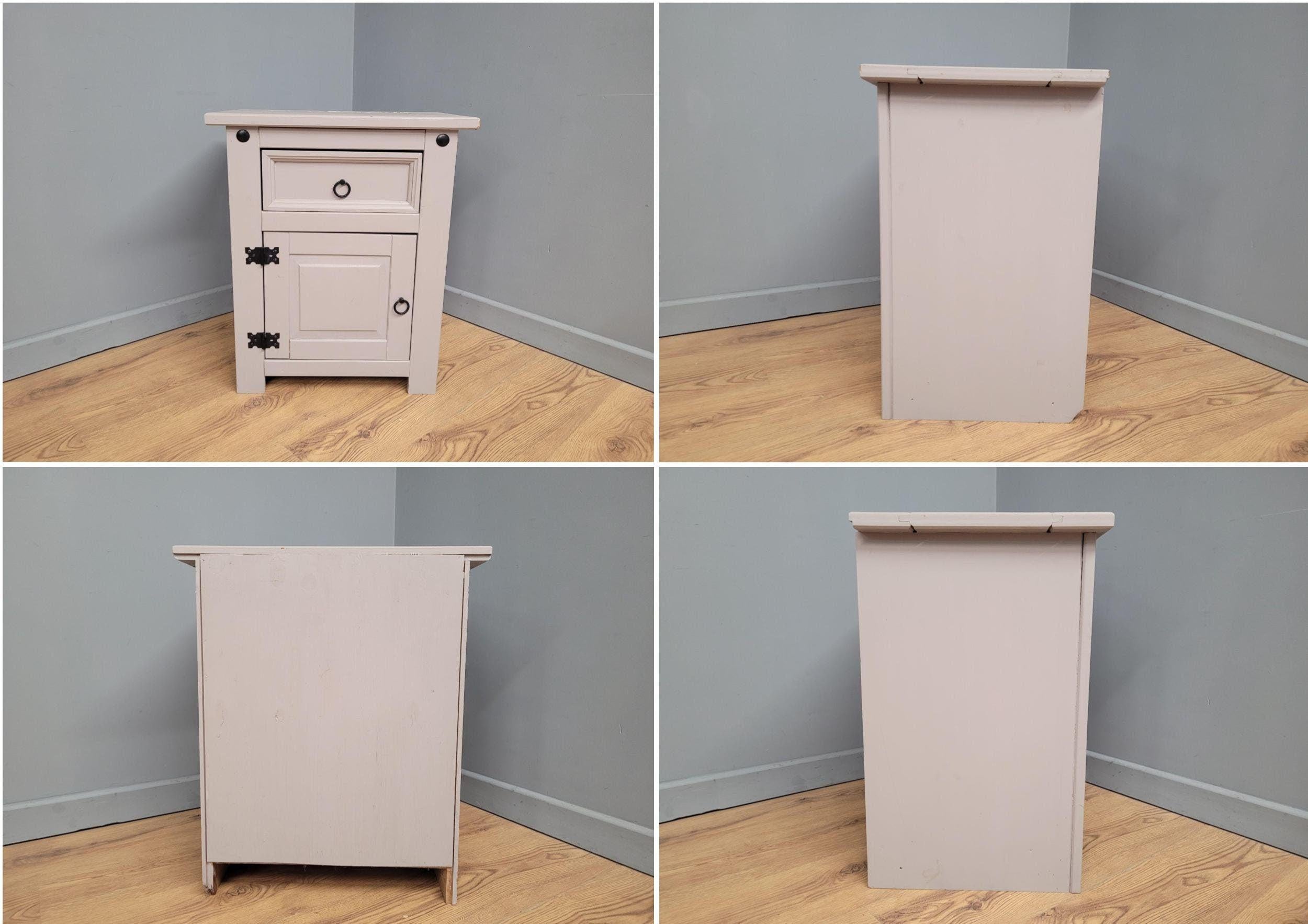 Vintage Shabby Chic Hand Painted Bedside Cabinet Black Iron Detail