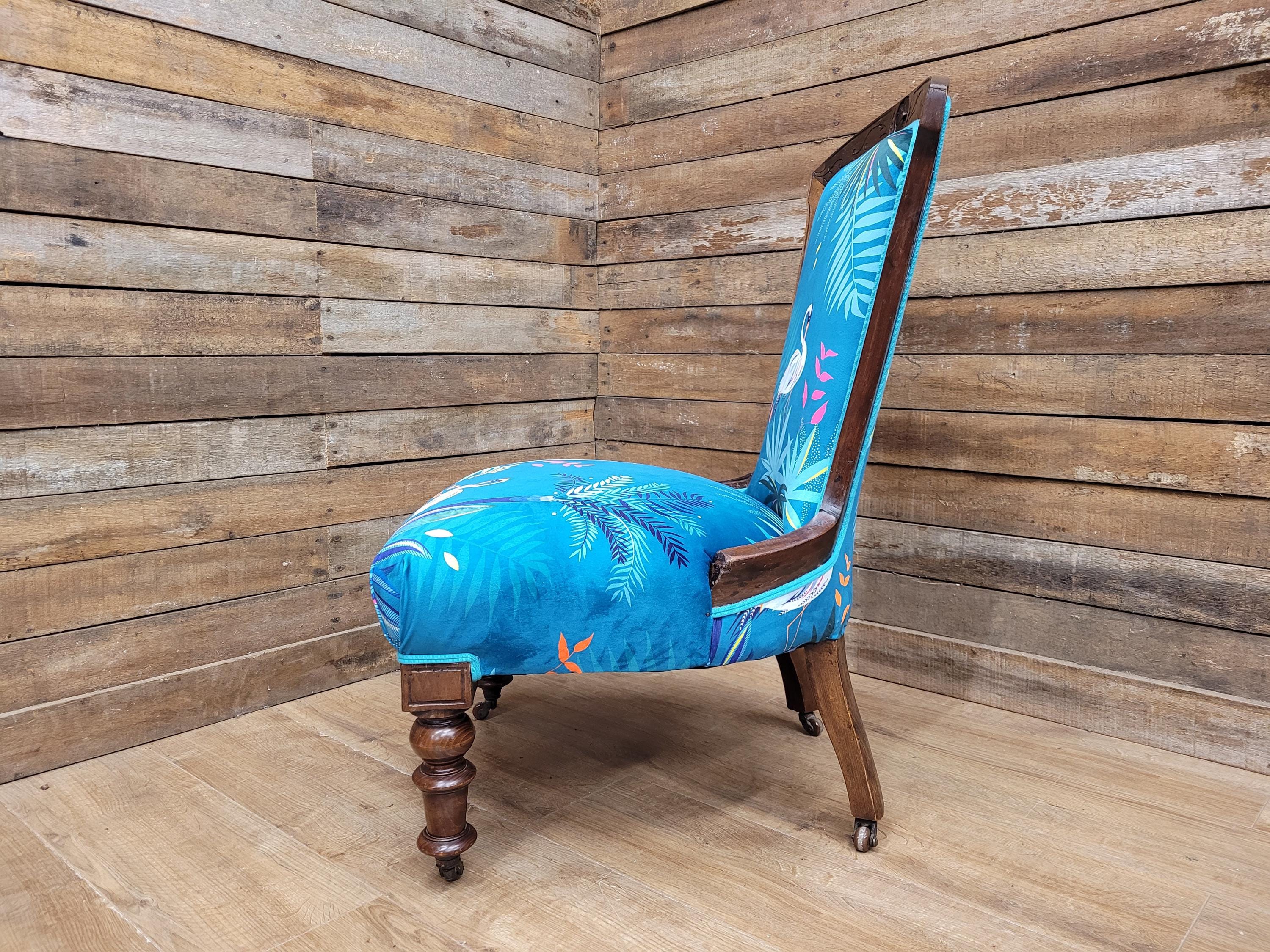 Antique Victorian Walnut Bedroom Chair Designer Upholstered Crane Velvet Fabric