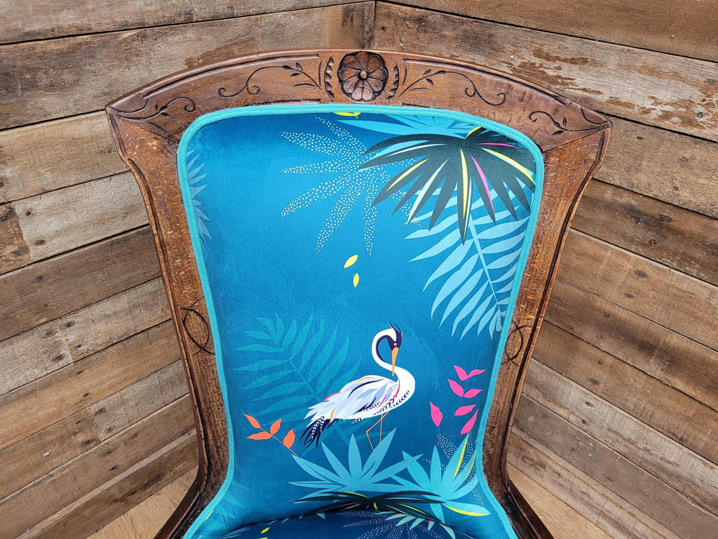 Antique Victorian Walnut Bedroom Chair Designer Upholstered Crane Velvet Fabric
