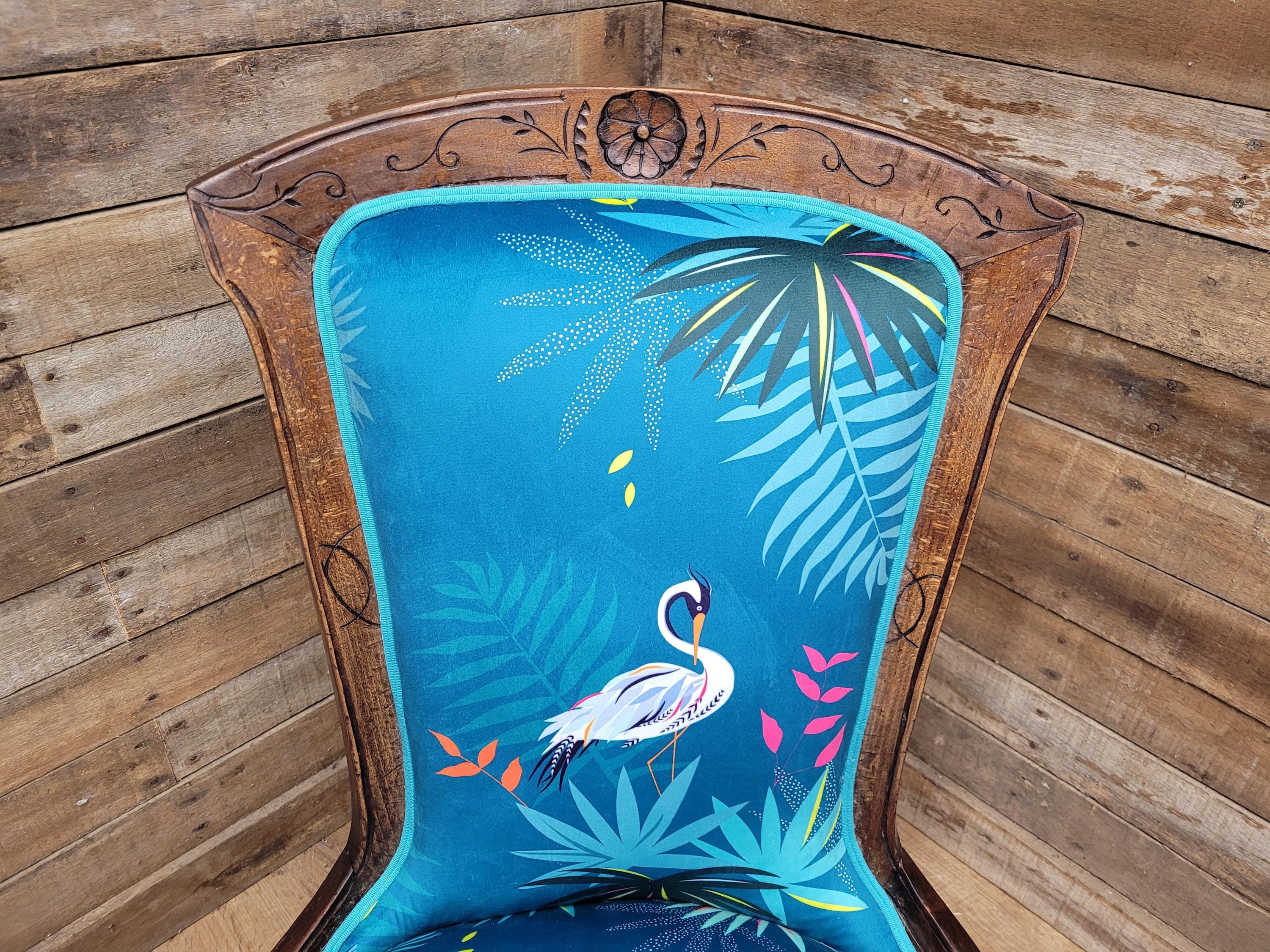 Antique Victorian Walnut Bedroom Chair Designer Upholstered Crane Velvet Fabric