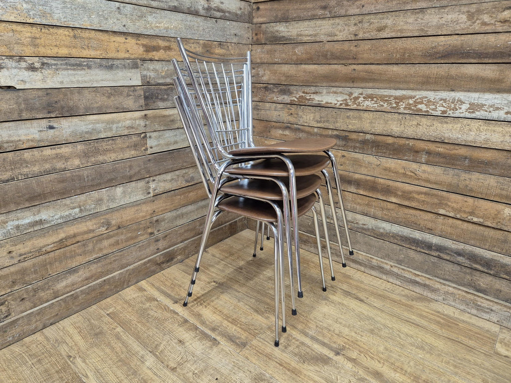 Four Retro Chrome Bistro Stacking Chairs Faux Tan Leather Seats Tubular Legs