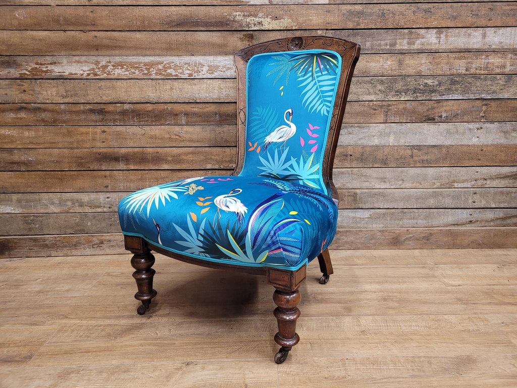 Antique Victorian Walnut Bedroom Chair Designer Upholstered Crane Velvet Fabric