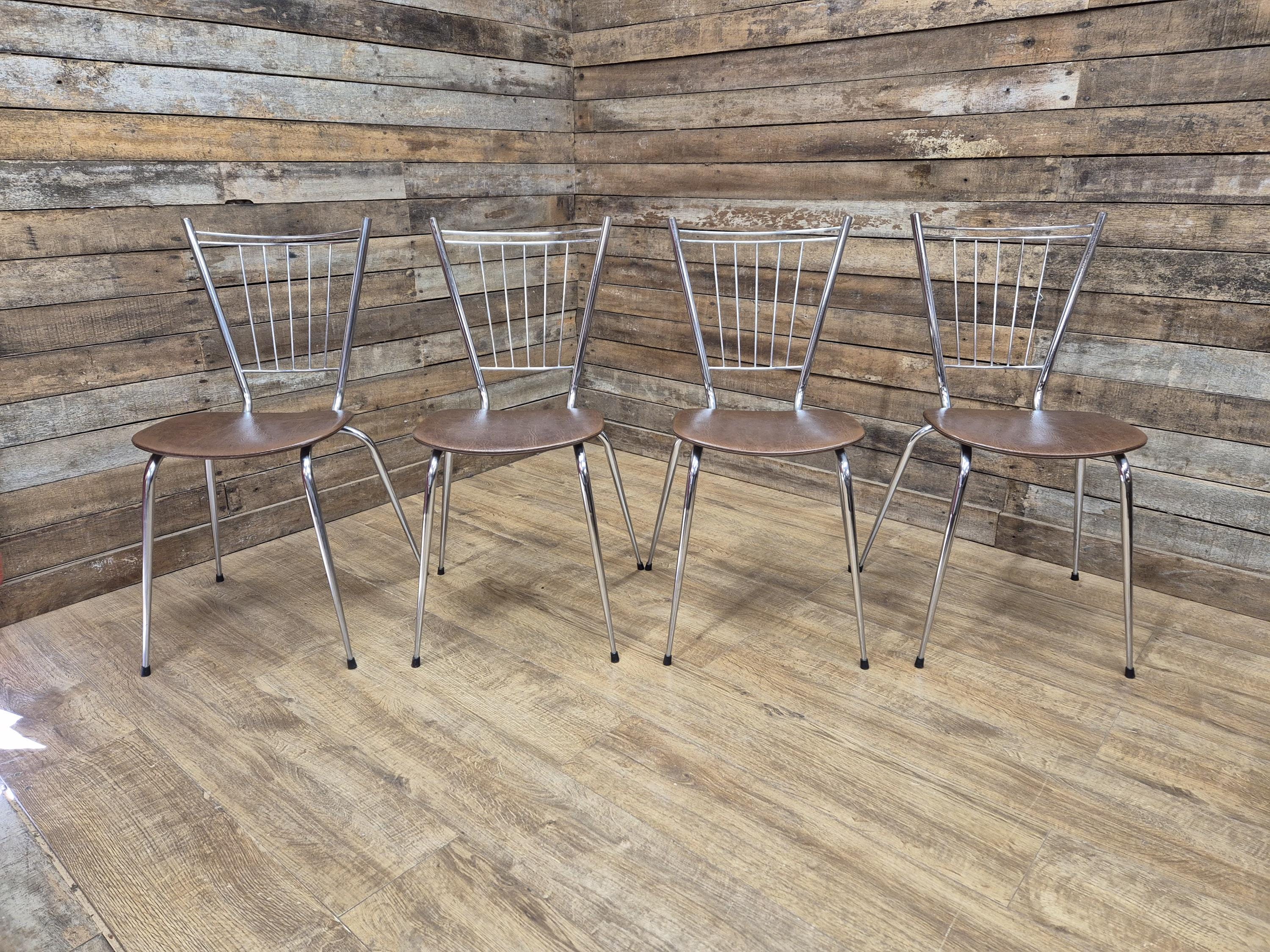 Four Retro Chrome Bistro Stacking Chairs Faux Tan Leather Seats Tubular Legs