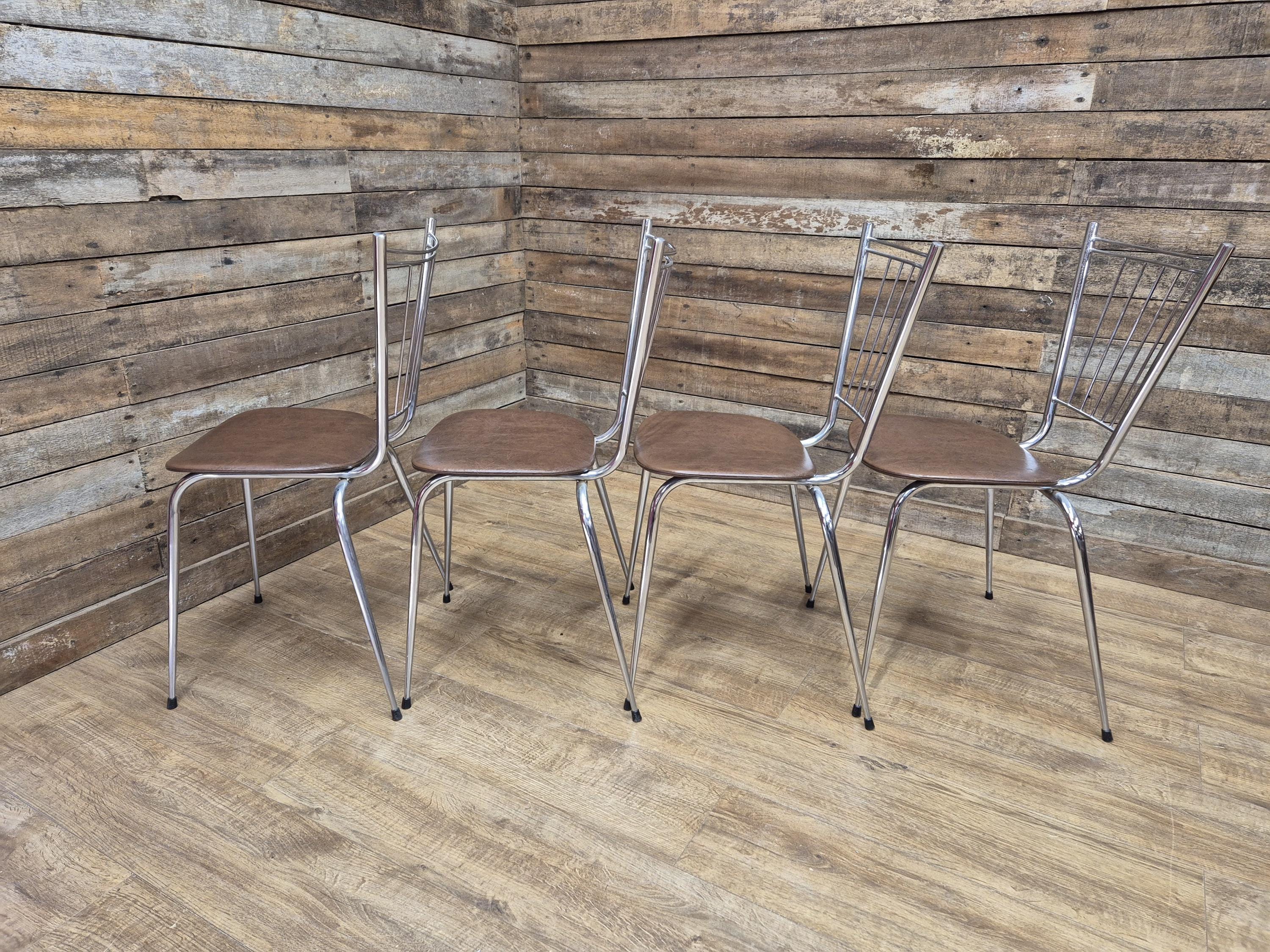 Four Retro Chrome Bistro Stacking Chairs Faux Tan Leather Seats Tubular Legs