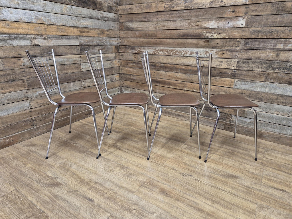 Four Retro Chrome Bistro Stacking Chairs Faux Tan Leather Seats Tubular Legs