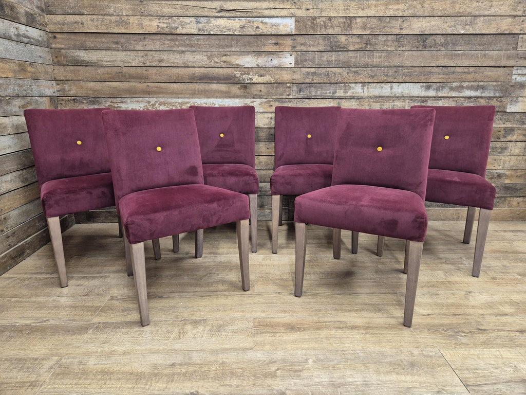 Six Vintage Claret Velour Fabric Dining Chairs Contrasting Yellow Button