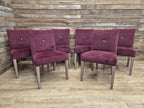Six Vintage Claret Velour Fabric Dining Chairs Contrasting Yellow Button