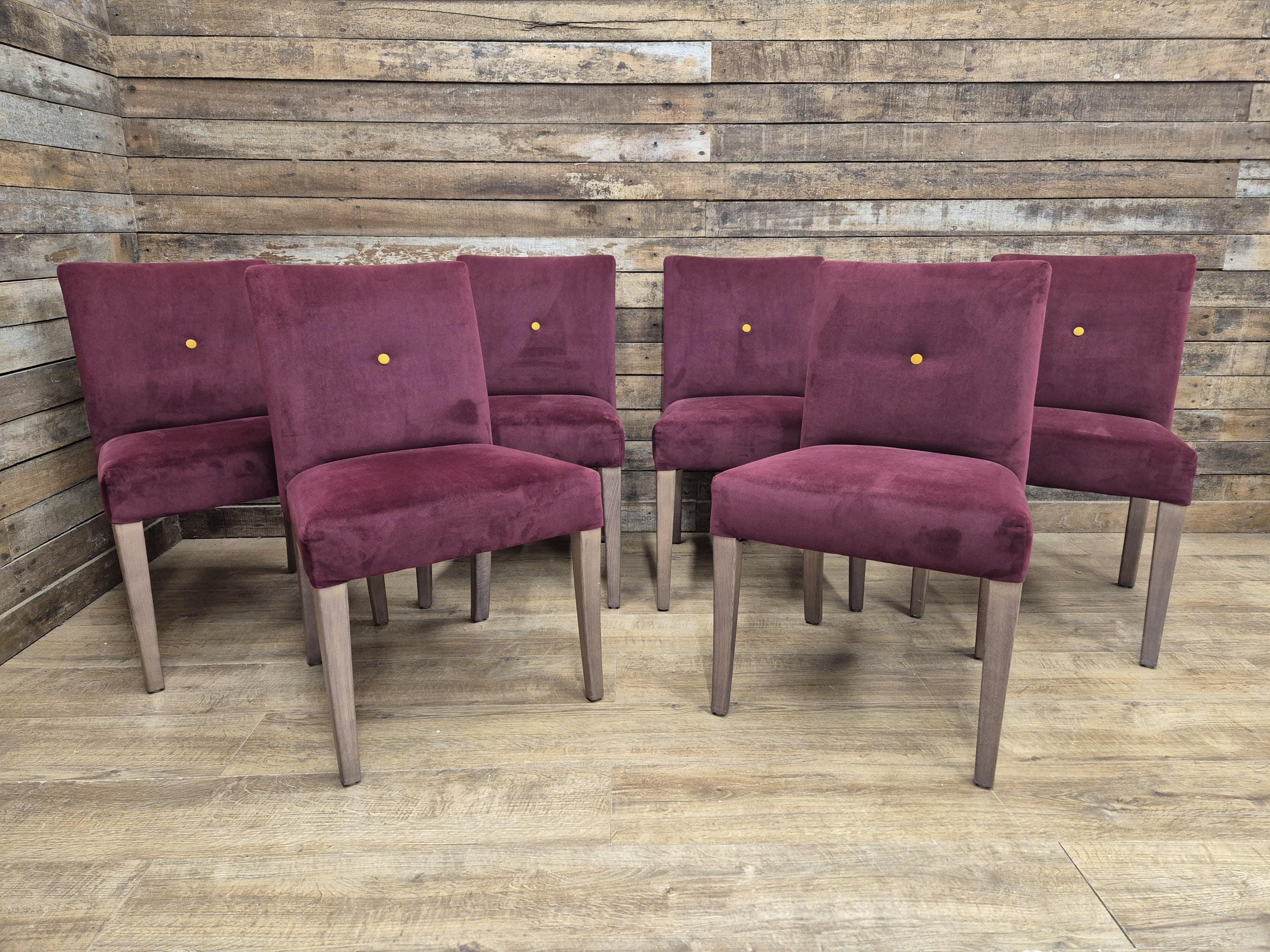 Six Vintage Claret Velour Fabric Dining Chairs Contrasting Yellow Button