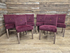 Six Vintage Claret Velour Fabric Dining Chairs Contrasting Yellow Button