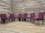 Six Vintage Claret Velour Fabric Dining Chairs Contrasting Yellow Button