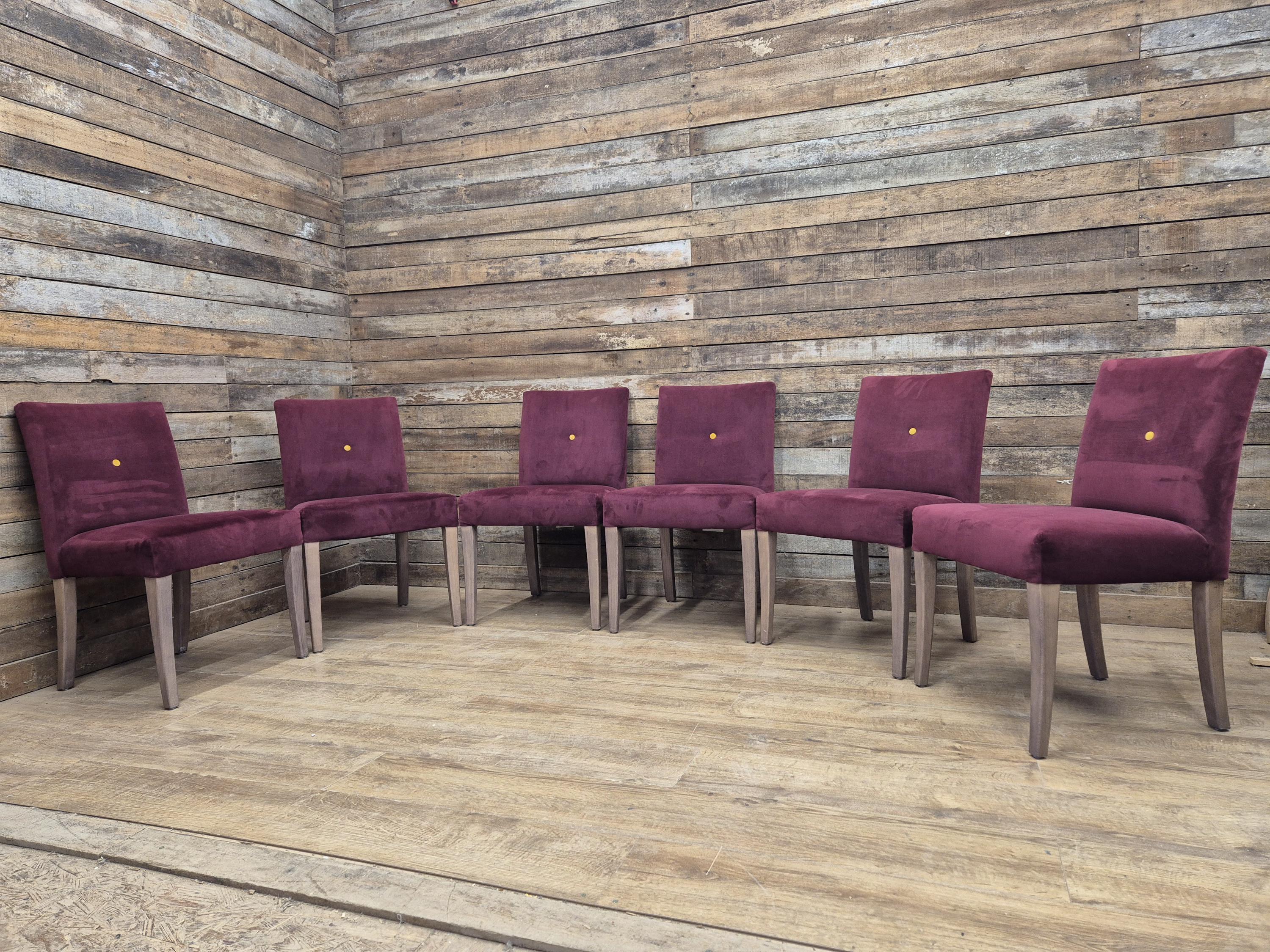 Six Vintage Claret Velour Fabric Dining Chairs Contrasting Yellow Button