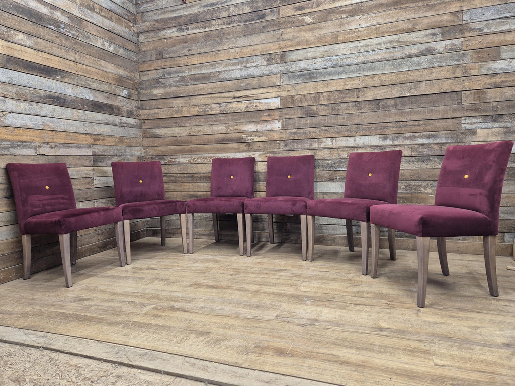 Six Vintage Claret Velour Fabric Dining Chairs Contrasting Yellow Button
