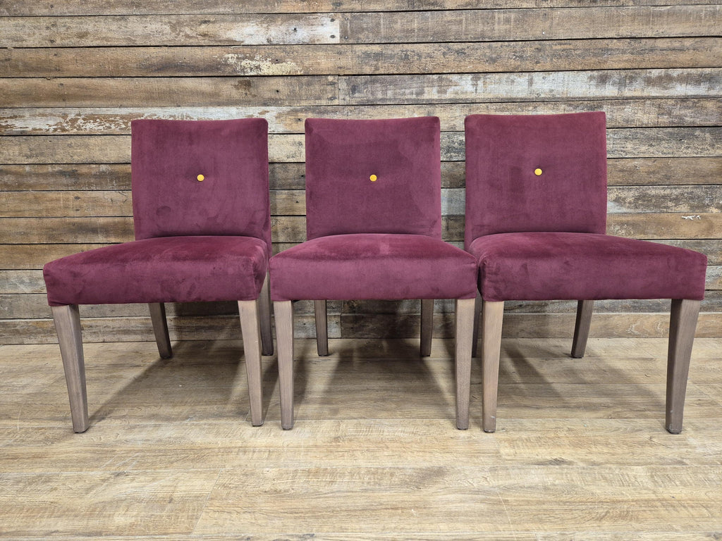 Six Vintage Claret Velour Fabric Dining Chairs Contrasting Yellow Button