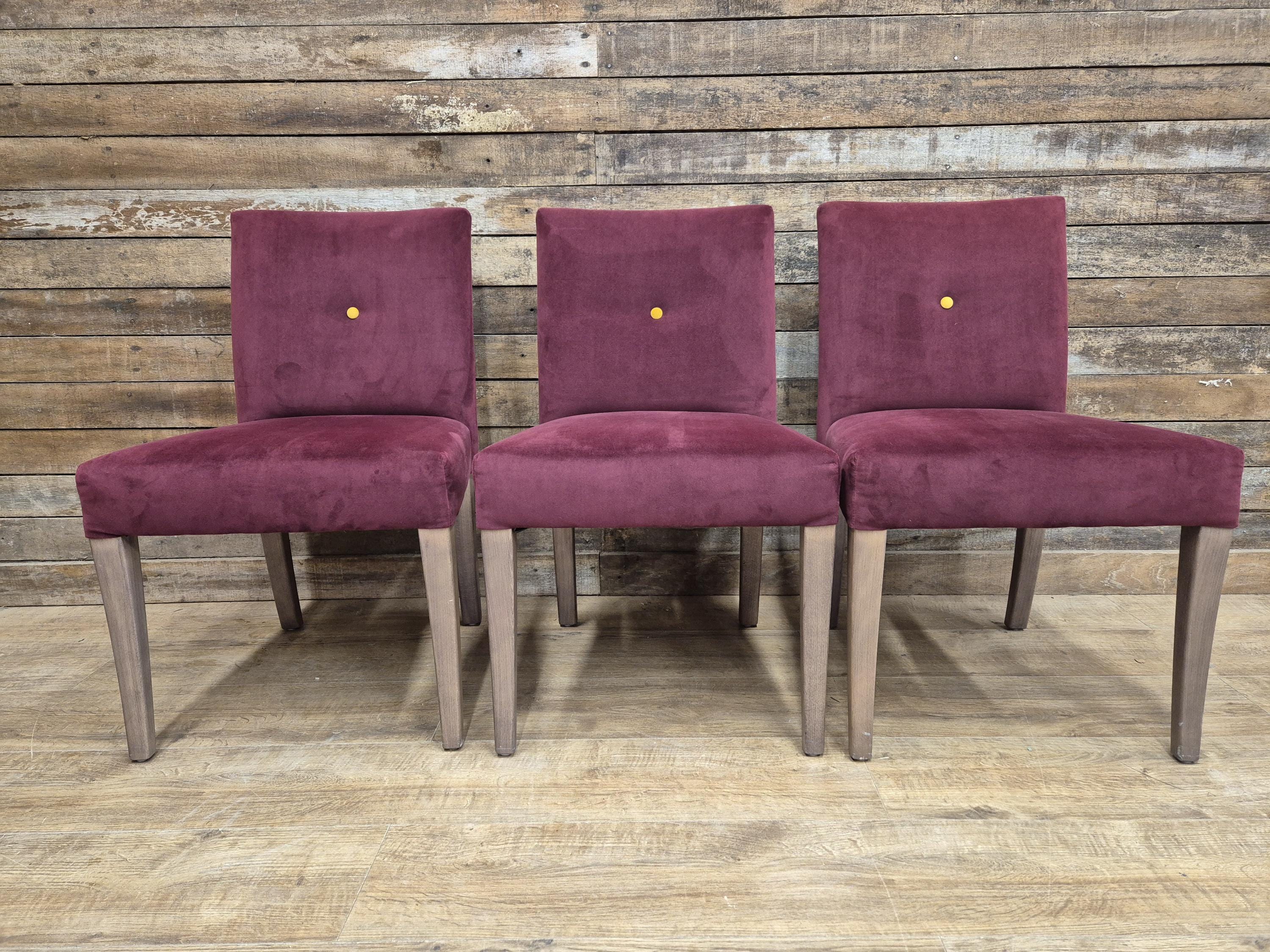 Six Vintage Claret Velour Fabric Dining Chairs Contrasting Yellow Button