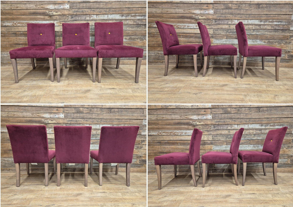 Six Vintage Claret Velour Fabric Dining Chairs Contrasting Yellow Button