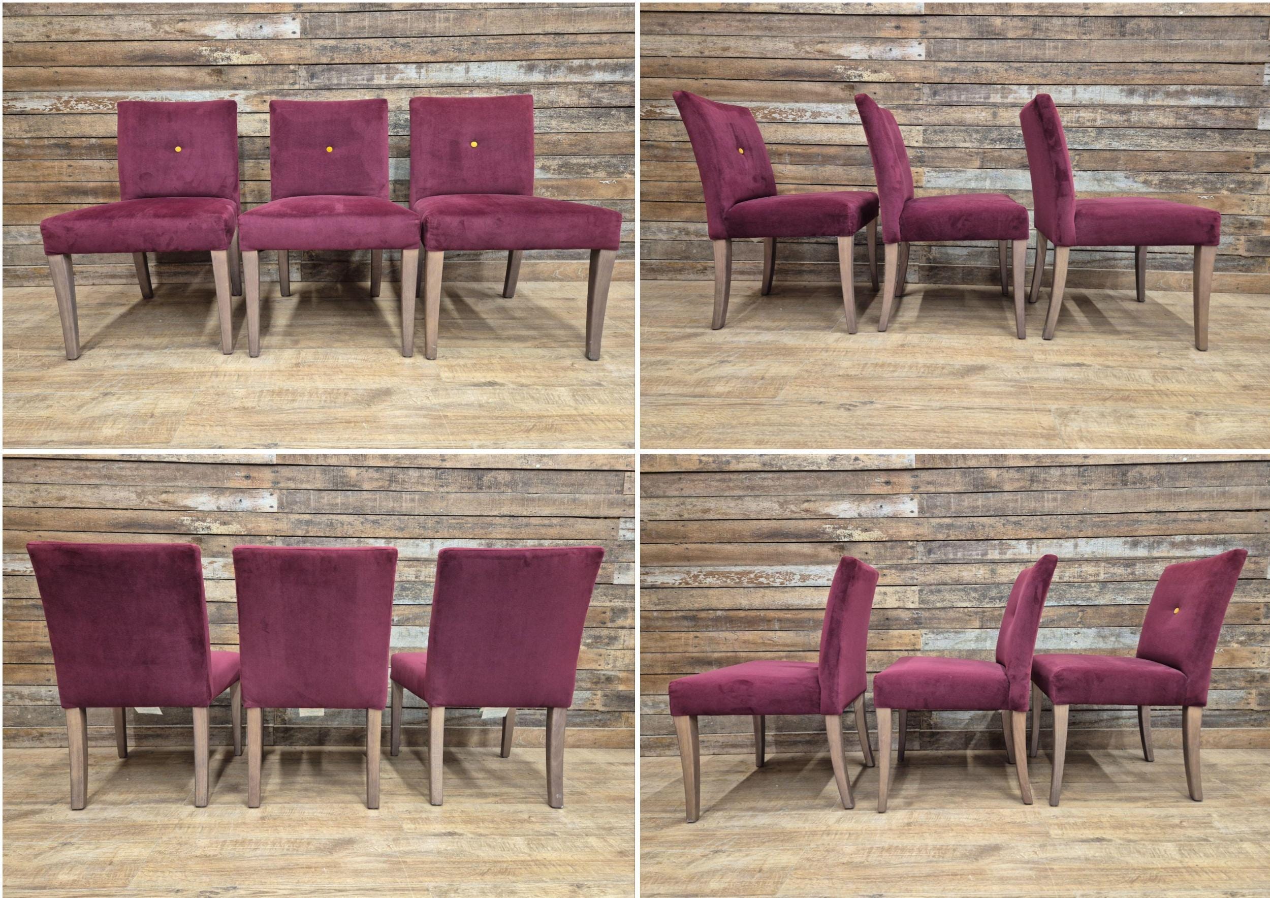 Six Vintage Claret Velour Fabric Dining Chairs Contrasting Yellow Button