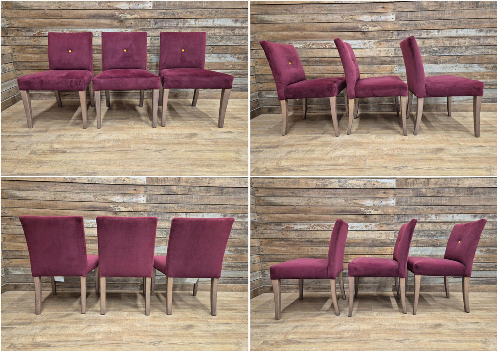 Six Vintage Claret Velour Fabric Dining Chairs Contrasting Yellow Button
