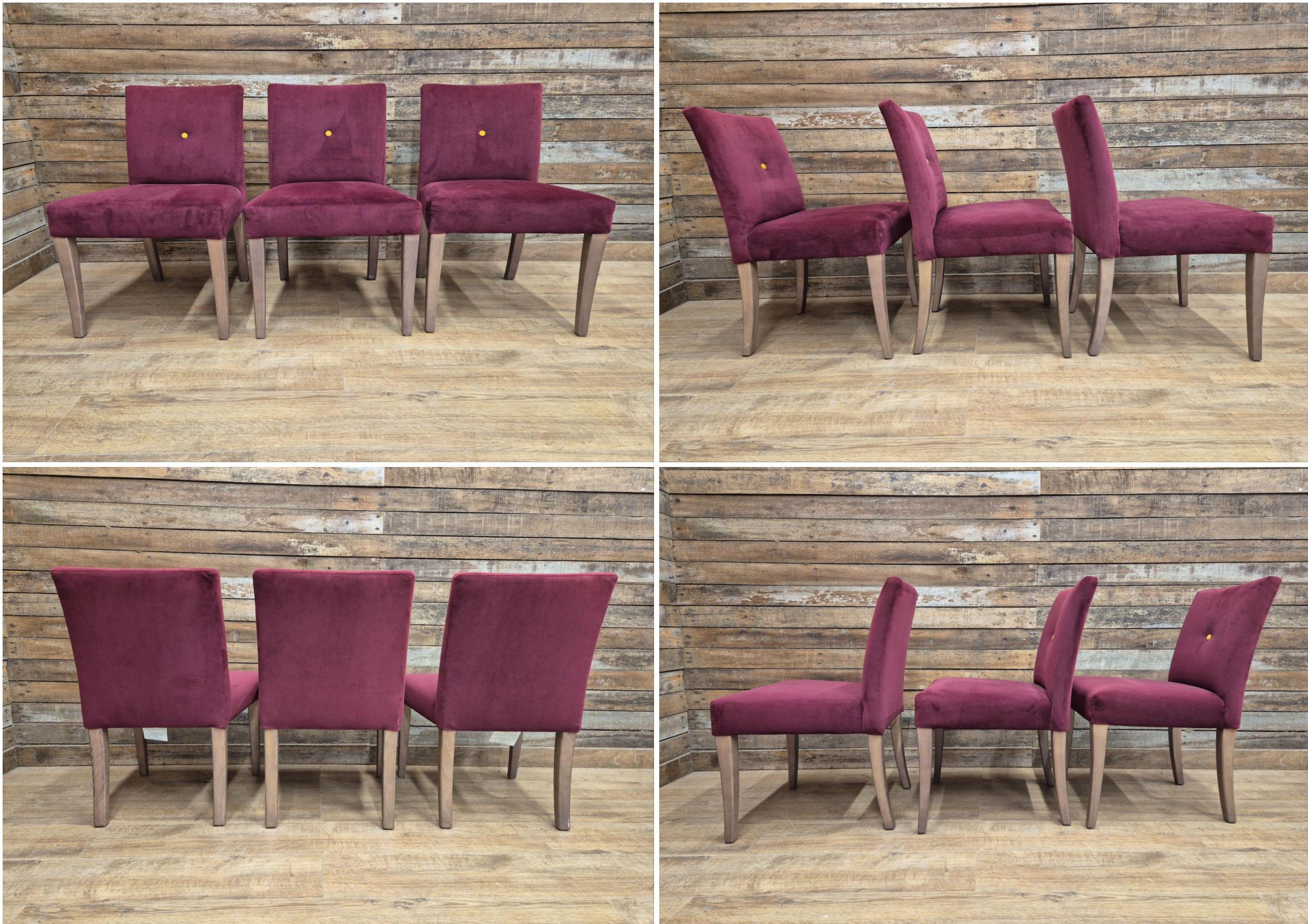 Six Vintage Claret Velour Fabric Dining Chairs Contrasting Yellow Button