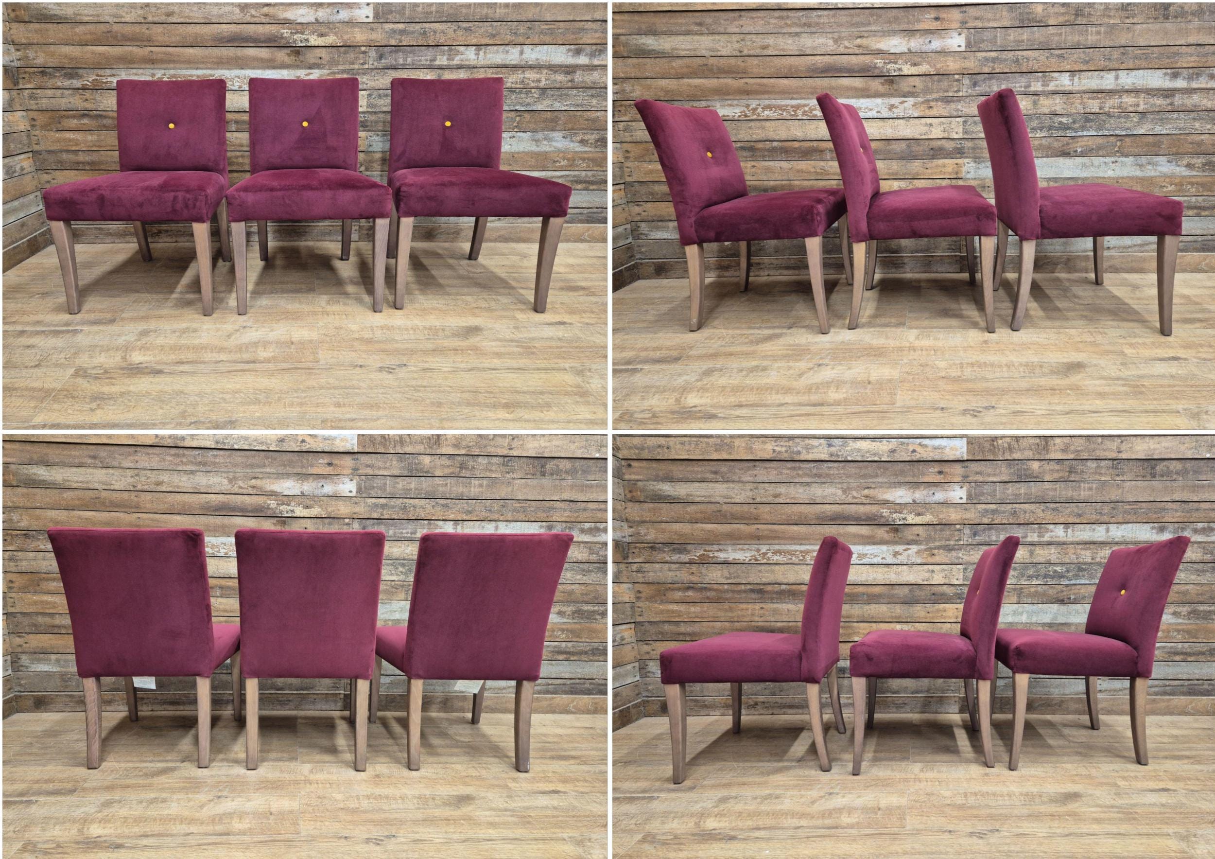 Six Vintage Claret Velour Fabric Dining Chairs Contrasting Yellow Button