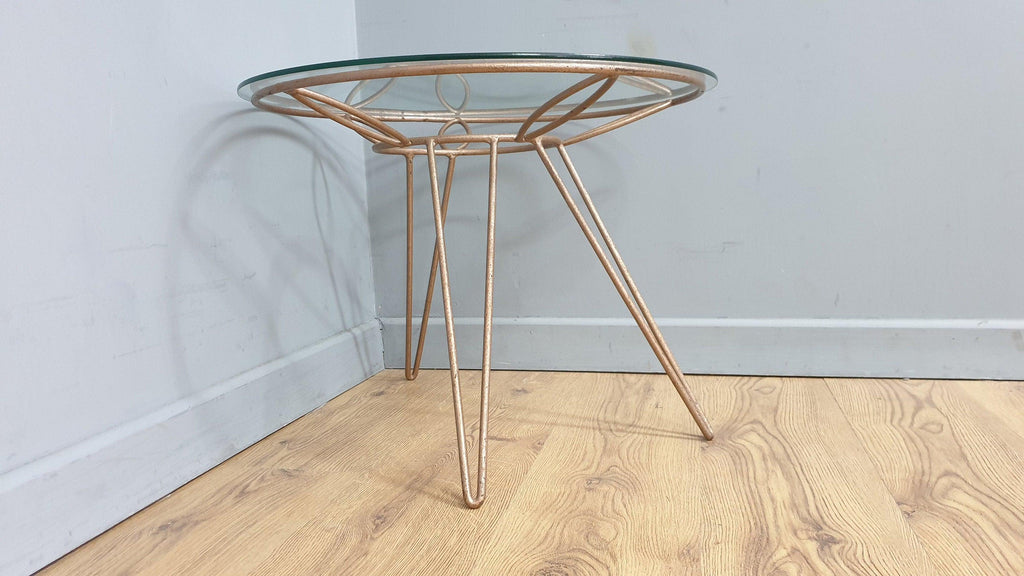 Mid Century Retro Style Tri Legged Glass Topped Coffee End Table Hairpin Legs