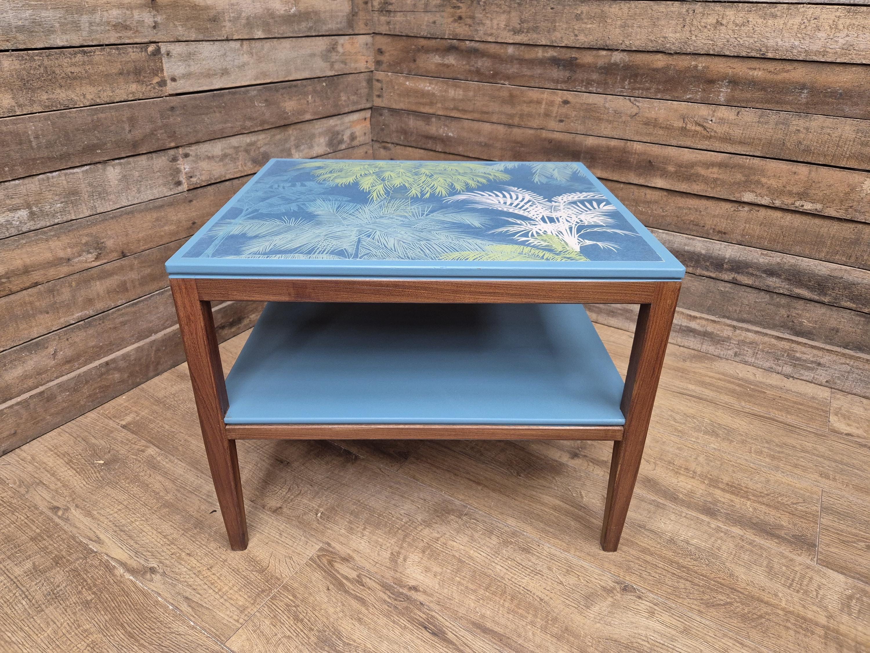 Mid Century Danish Influenced Teak Decoupaged Up Cycled Side Table Afromosia