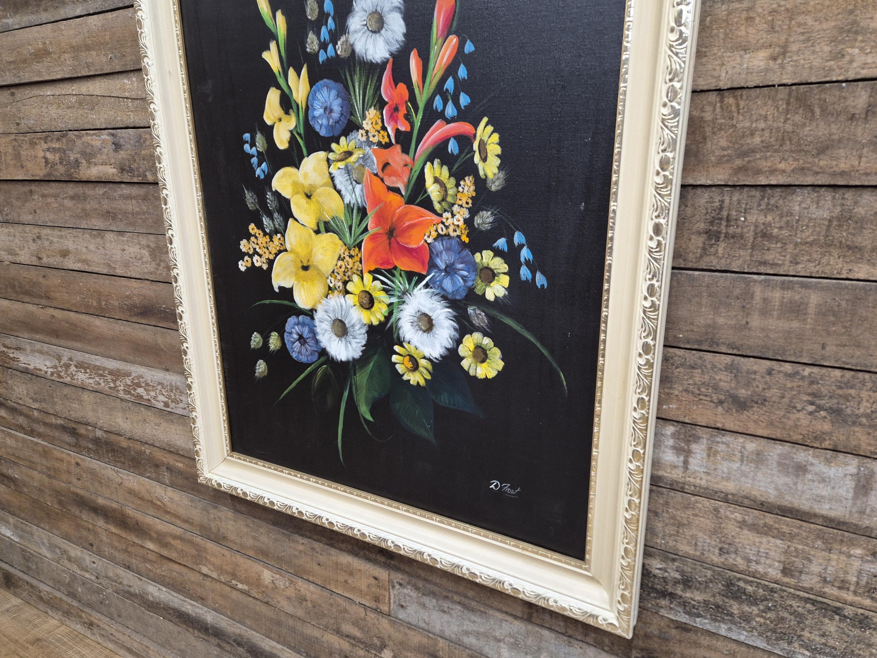 Mid Century Original Signed Framed Painting Of Still Life Flowers
