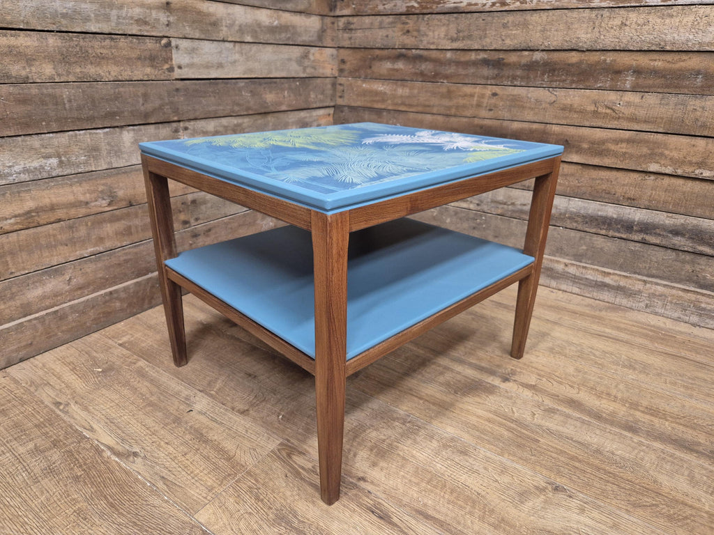 Mid Century Danish Influenced Teak Decoupaged Up Cycled Side Table Afromosia