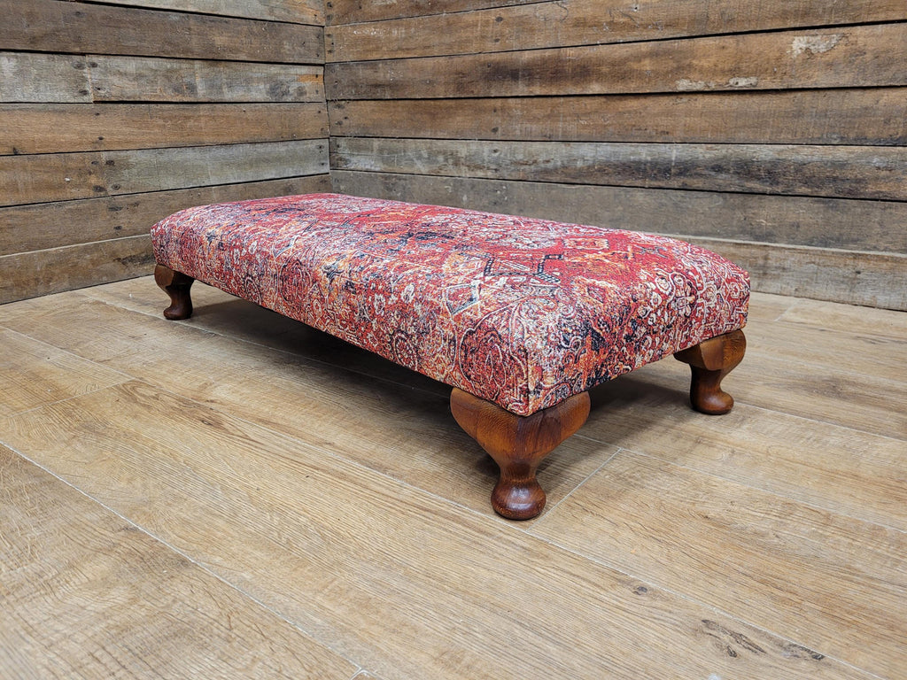 Upholstered Footstool Bench Red Moroccan Style Fabric Wooden Feet