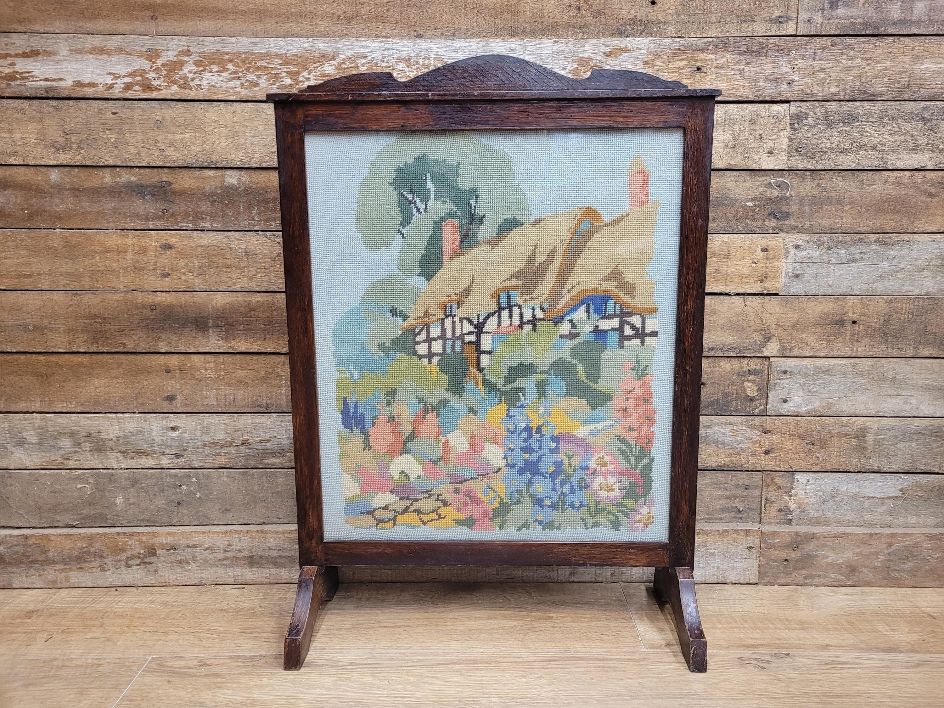 Vintage Oak Framed Fire Guard Embroidered Craft Work Fire Screen