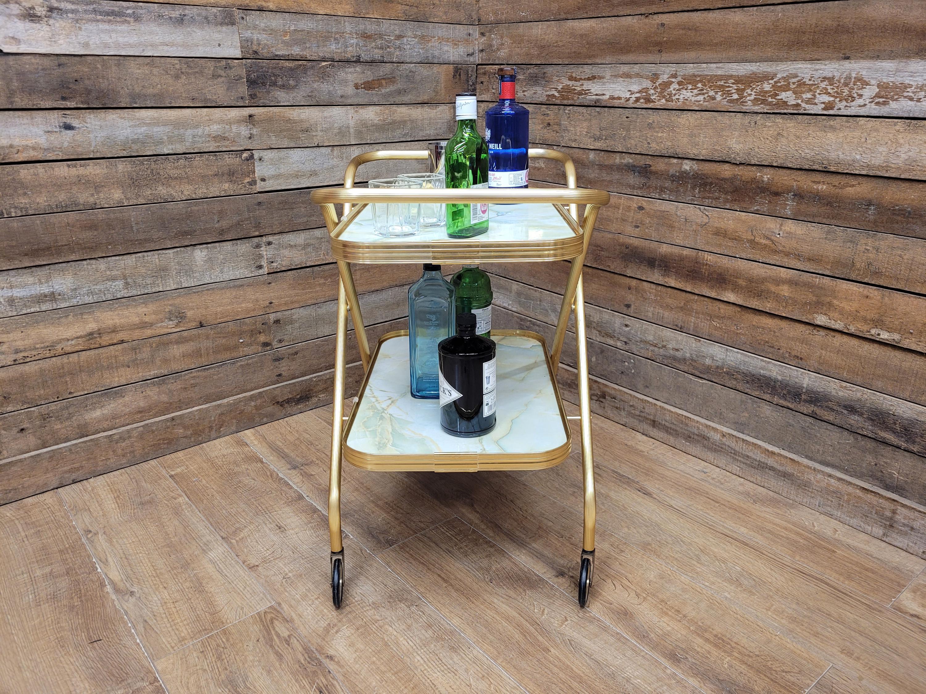 Mid Century Two Tier Retro Drinks Trolley Cocktail Trolley Foldable Vintage