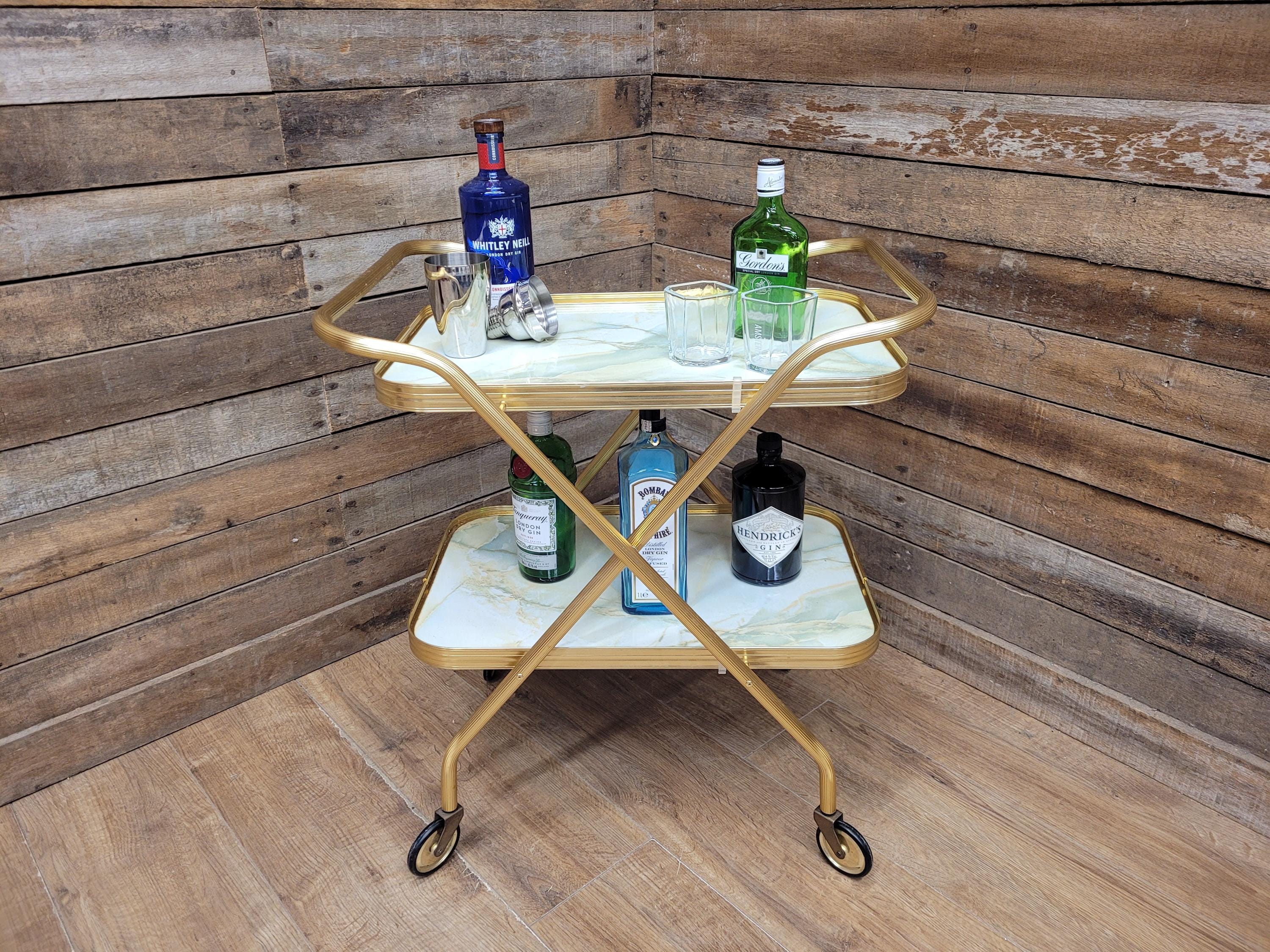 Mid Century Two Tier Retro Drinks Trolley Cocktail Trolley Foldable Vintage
