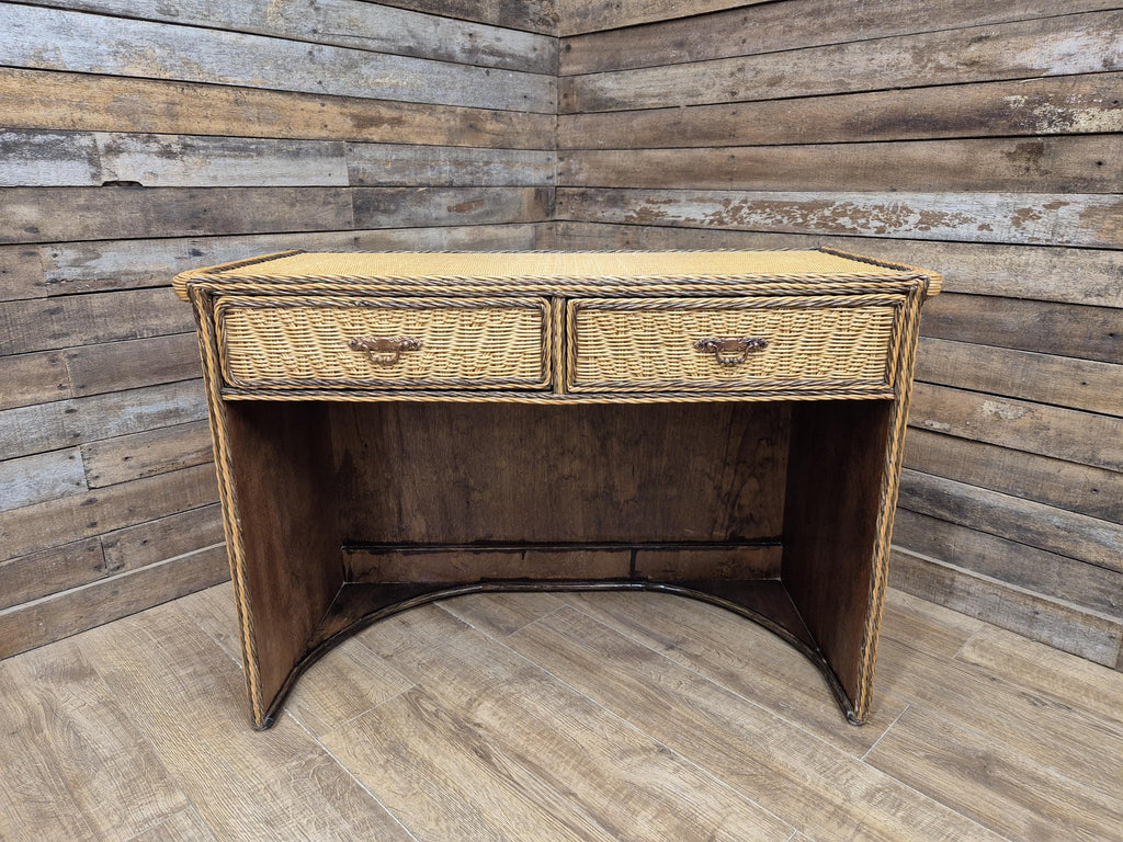 Vintage Wicker Small Desk Console Table With Drawers Rattan Hall Table
