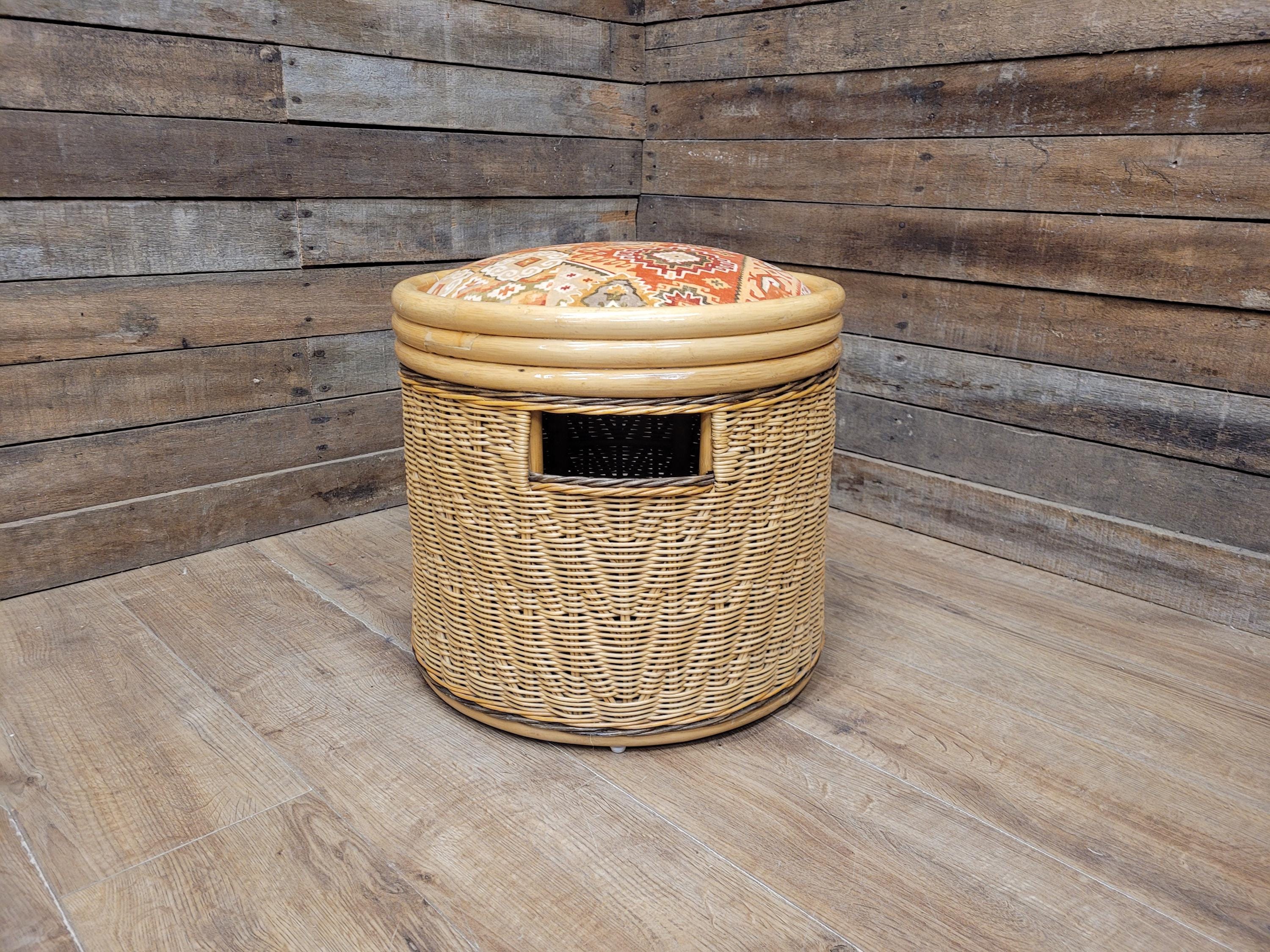 Daro Style Wicker Storage Stool Ottoman with Kilim Upholstered Seat