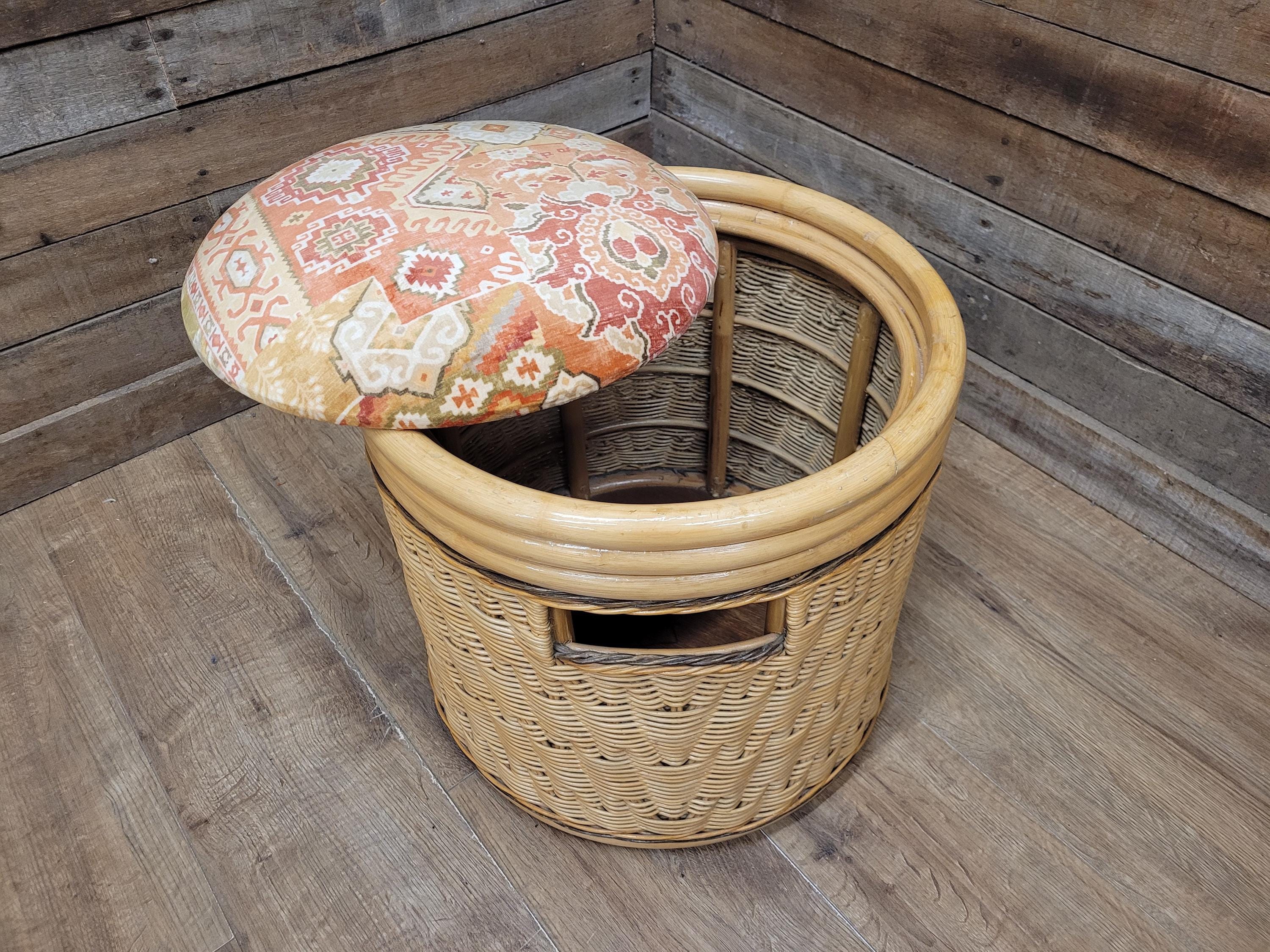 Daro Style Wicker Storage Stool Ottoman with Kilim Upholstered Seat