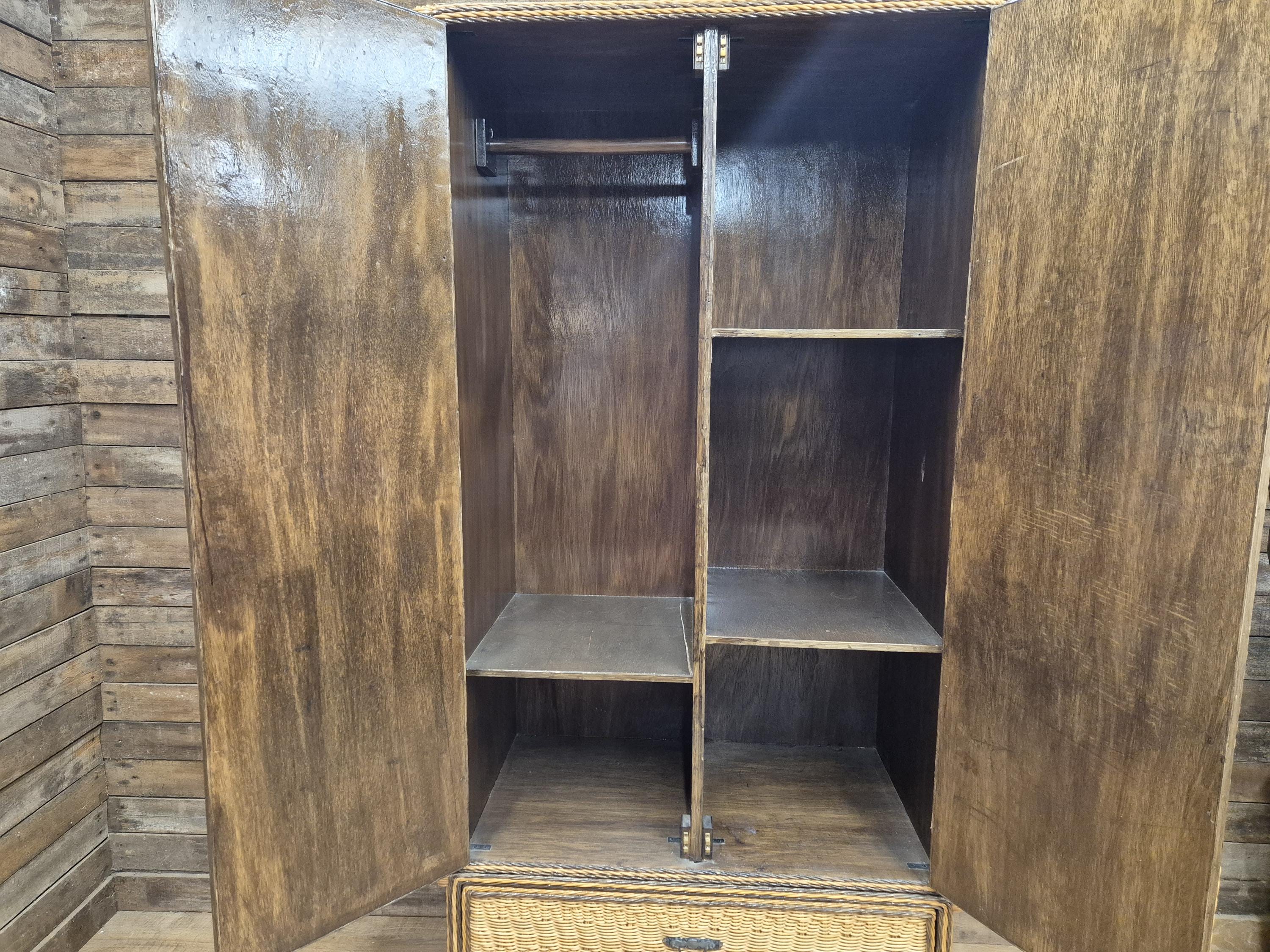 Vintage Tall Wicker Wardrobe Armoire with Drawers Vintage Rattan Cabinet Tallboy