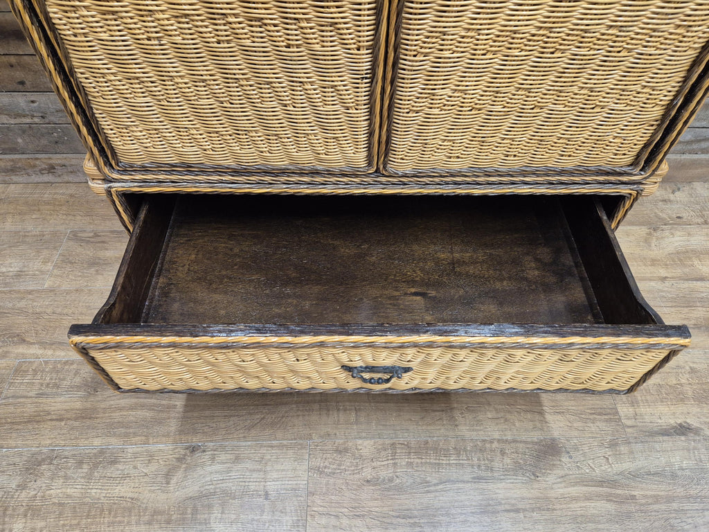 Vintage Tall Wicker Wardrobe Armoire with Drawers Vintage Rattan Cabinet Tallboy