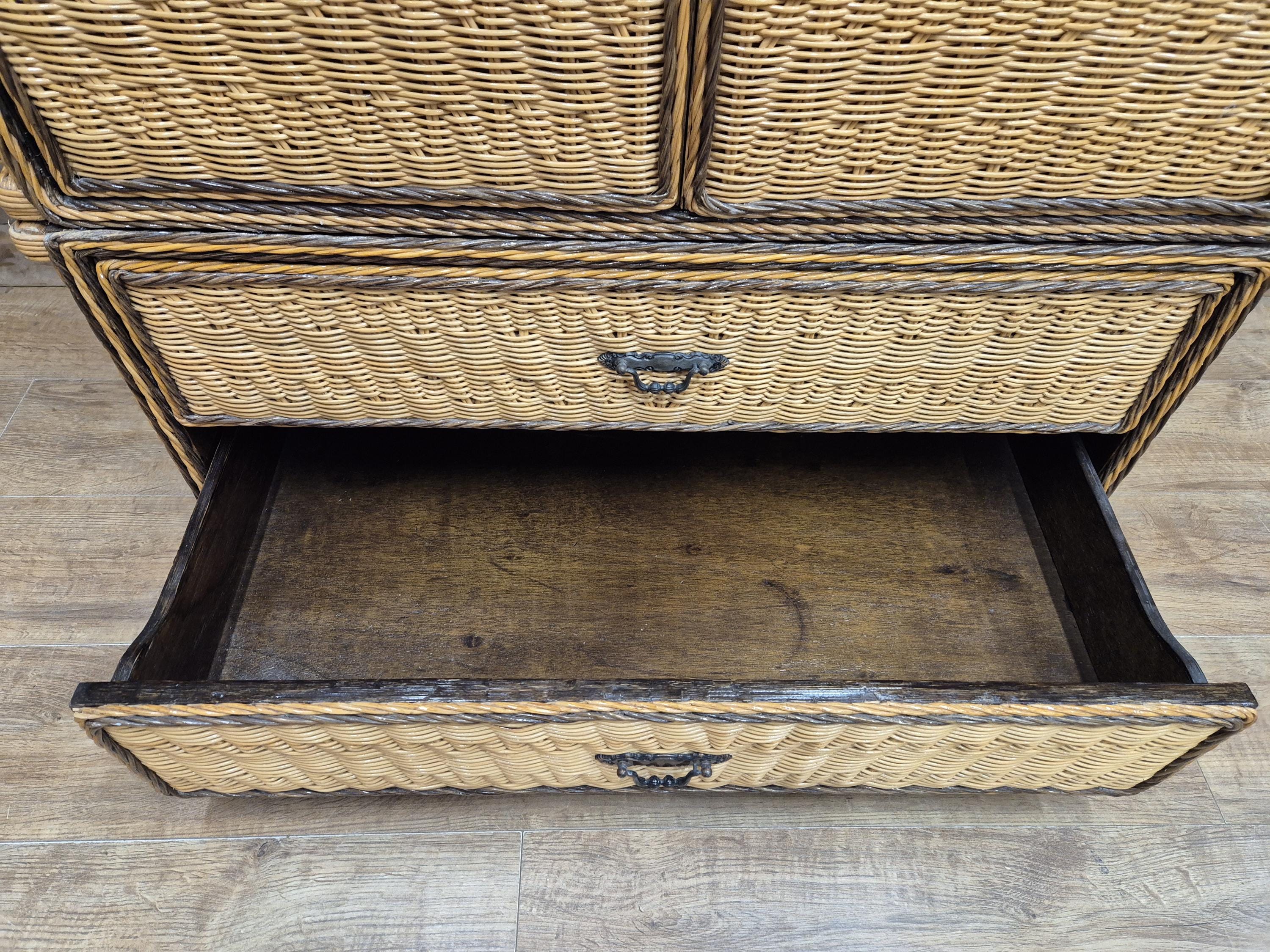 Vintage Tall Wicker Wardrobe Armoire with Drawers Vintage Rattan Cabinet Tallboy