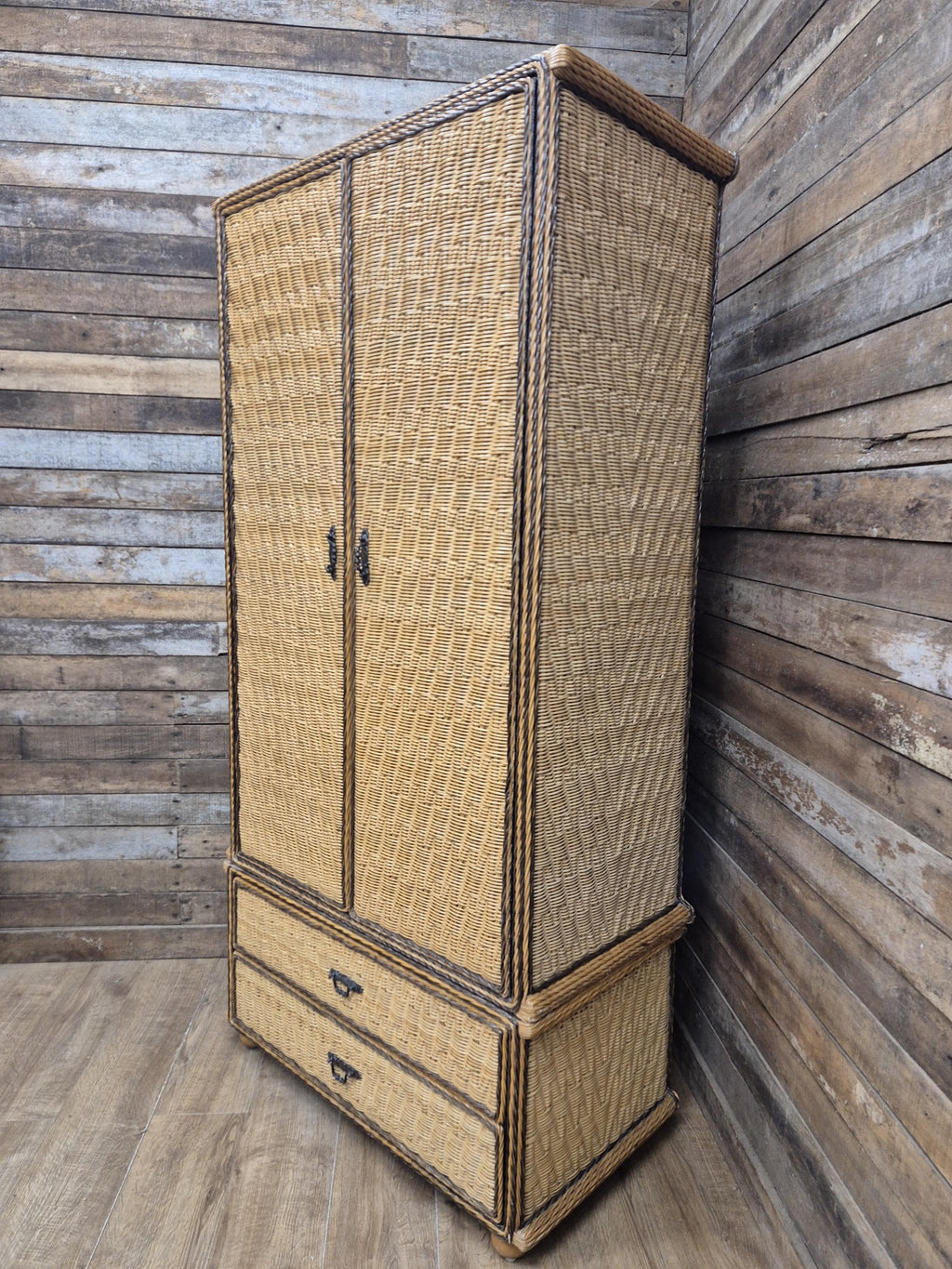 Vintage Tall Wicker Wardrobe Armoire with Drawers Vintage Rattan Cabinet Tallboy