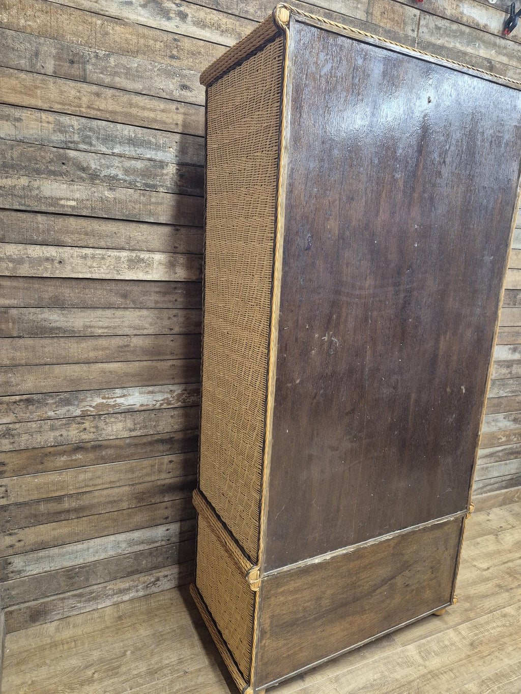 Vintage Tall Wicker Wardrobe Armoire with Drawers Vintage Rattan Cabinet Tallboy
