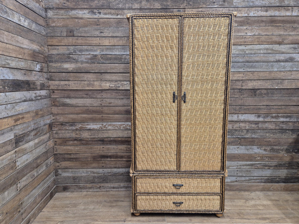Vintage Tall Wicker Wardrobe Armoire with Drawers Vintage Rattan Cabinet Tallboy