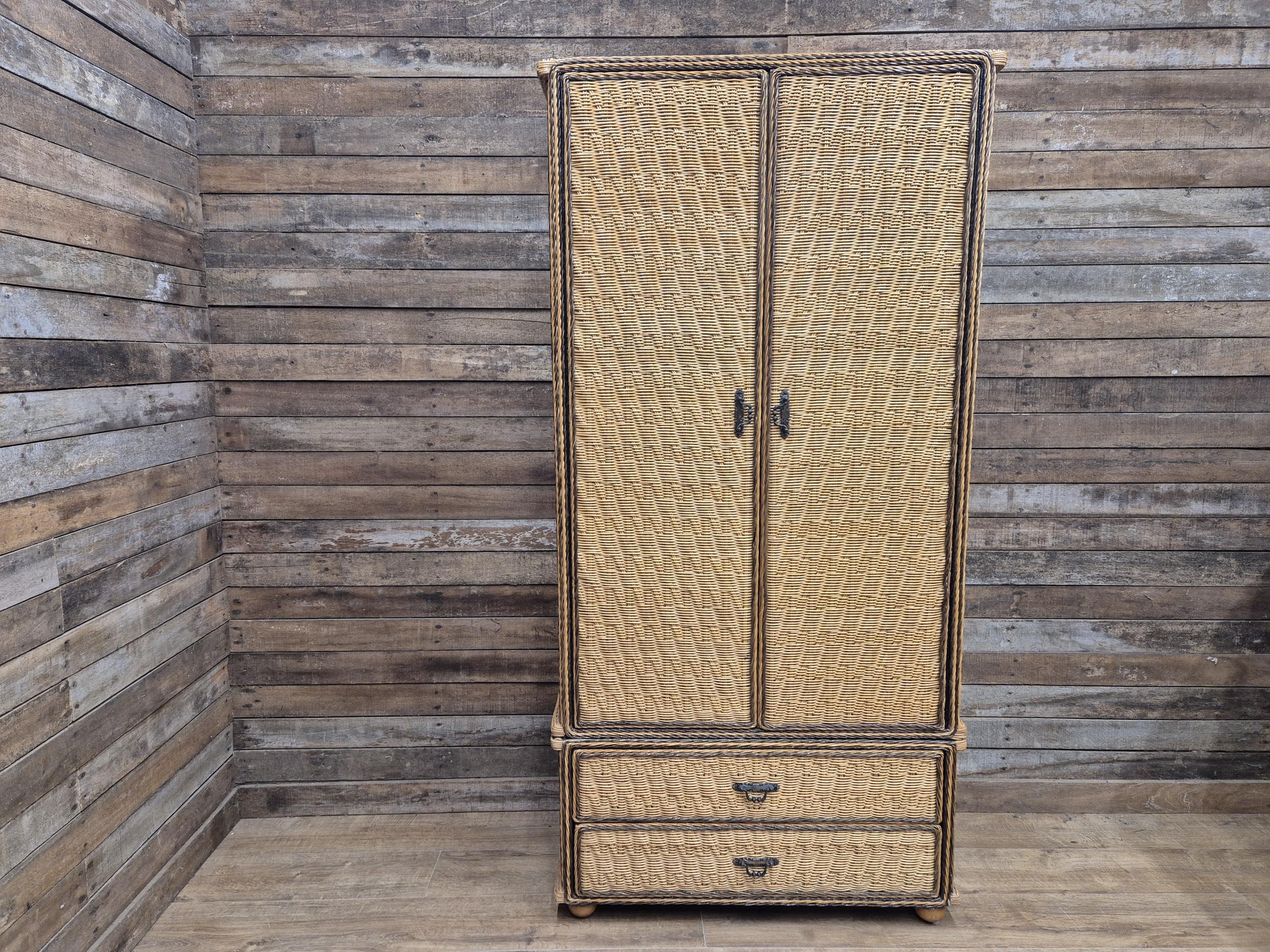 Vintage Tall Wicker Wardrobe Armoire with Drawers Vintage Rattan Cabinet Tallboy
